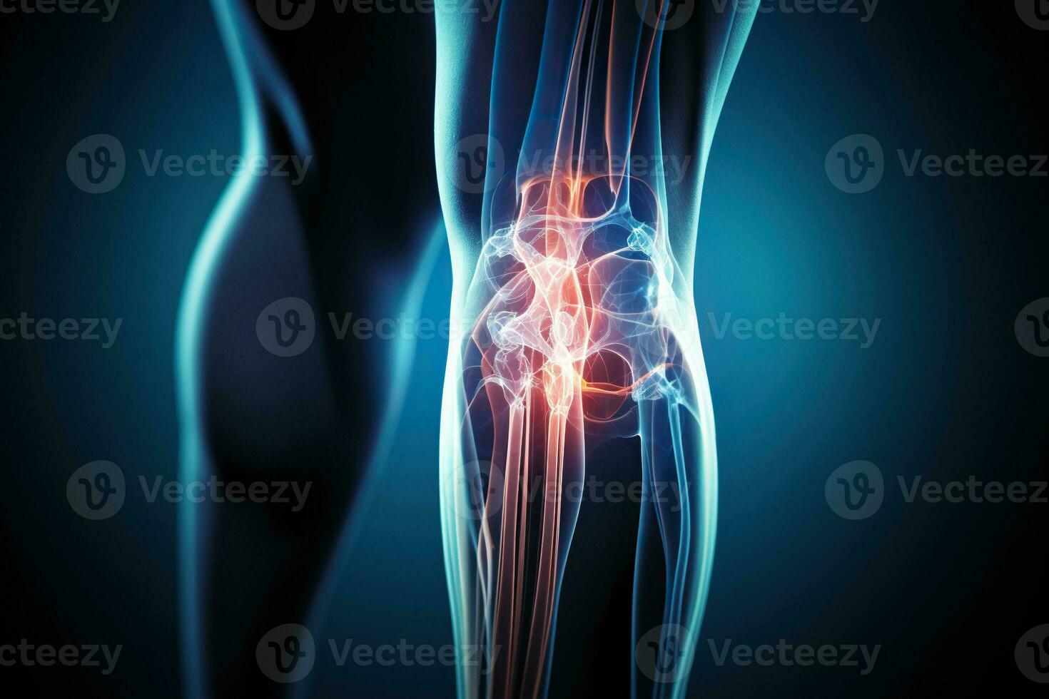 Legs of a man with knee pain in the form of an x-ray on a dark background. Tendon problems and joint inflammation. Generative AI photo