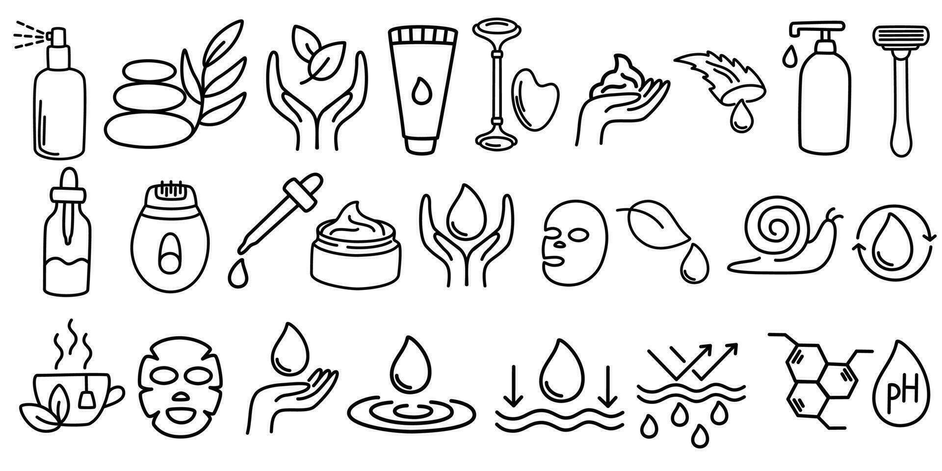 Skin care line icons set. Moisture cream, acid, anti wrinkle serum, ceramide, collagen, retinol compound, sunscreen. Outline signs for skincare products property. Editable Stroke. Vector illustration