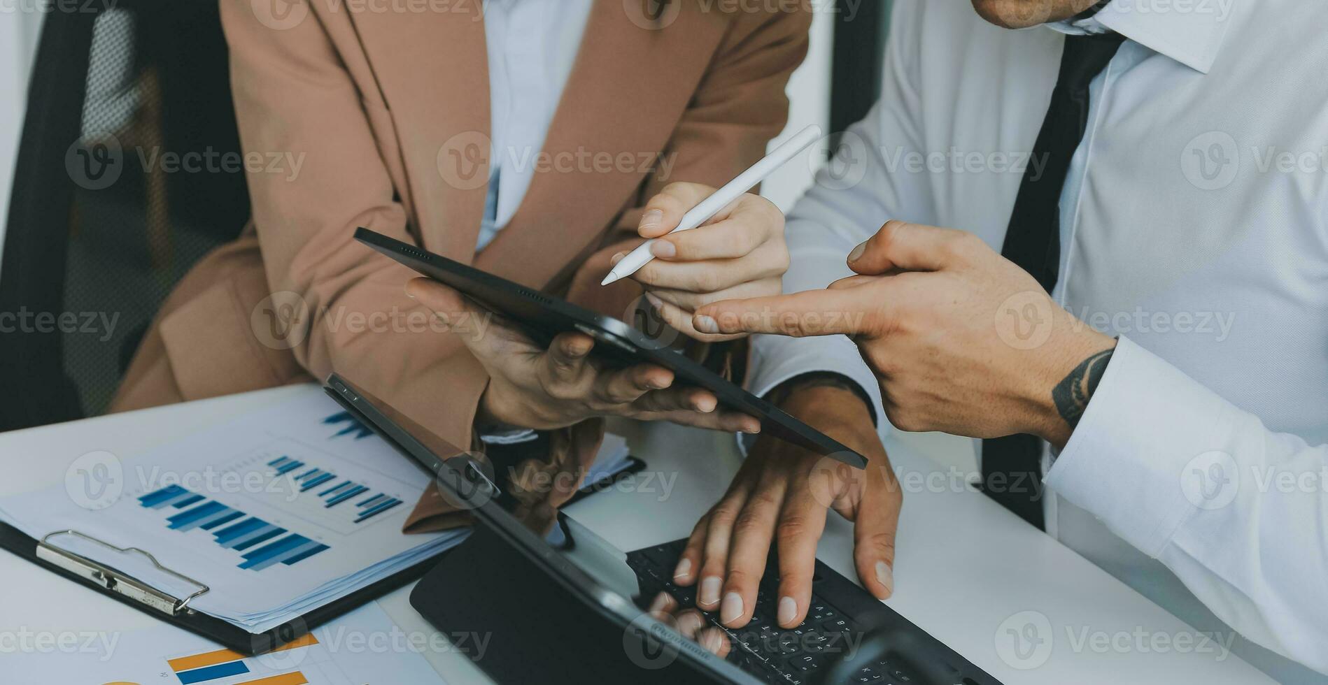 Team of business people working together in the meeting room office, teamwork background charts and graphs banner, double exposure successful teamwork,business planning concept. photo