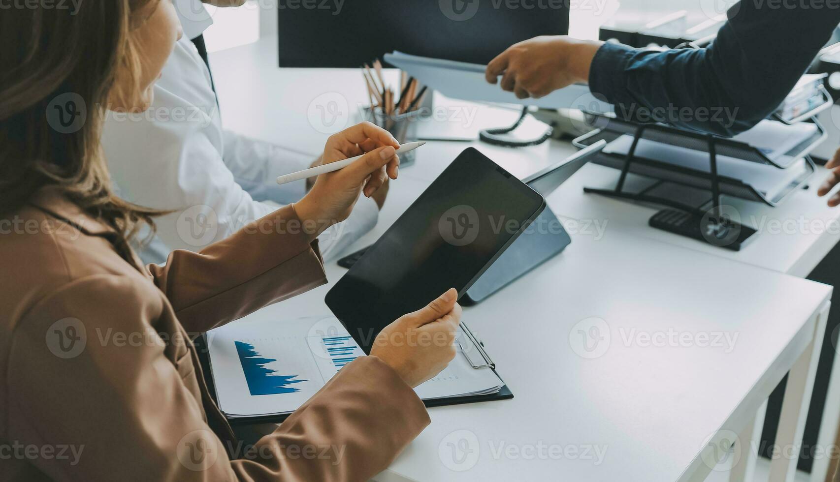 Team of business people working together in the meeting room office, teamwork background charts and graphs banner, double exposure successful teamwork,business planning concept. photo