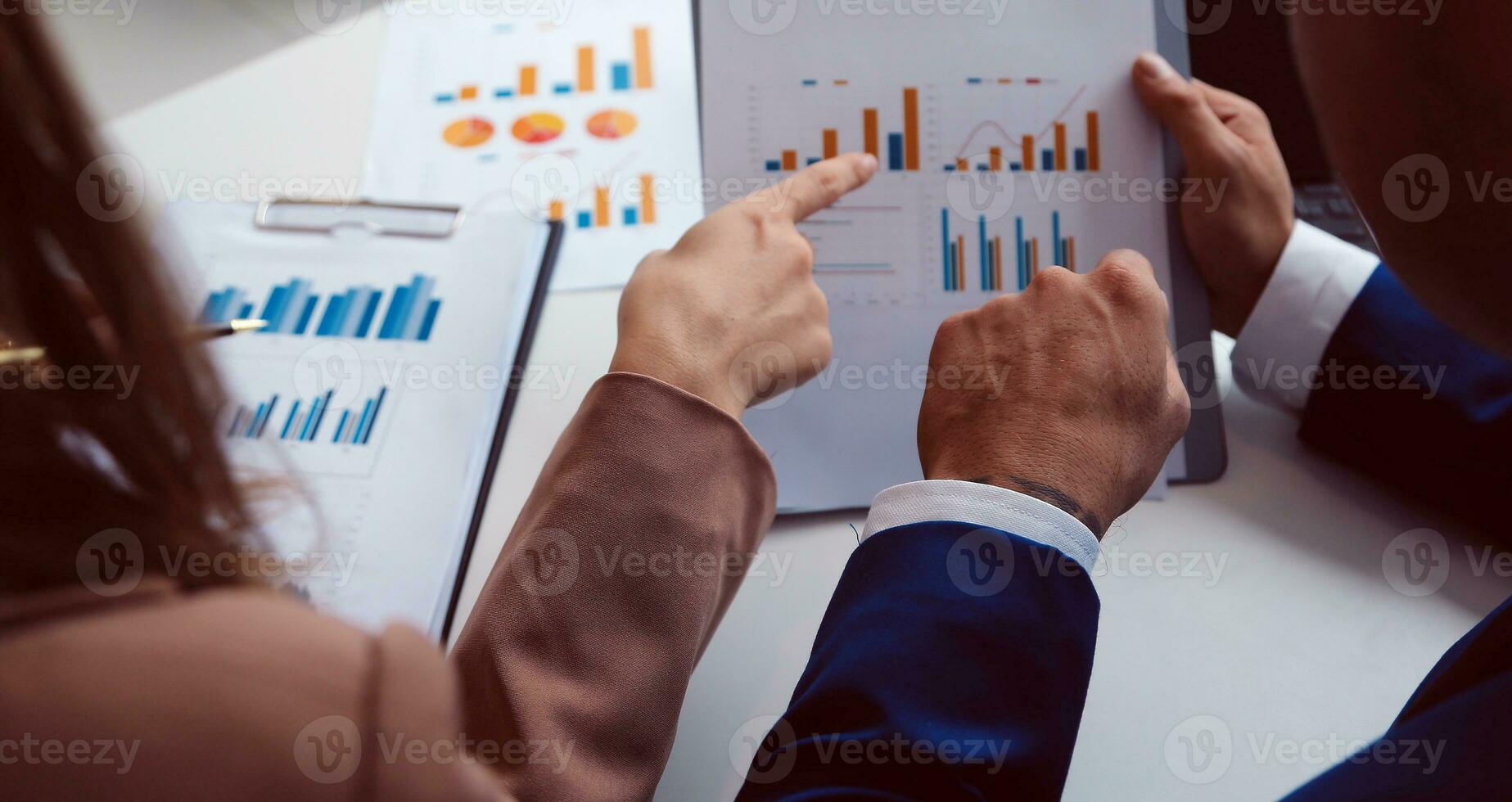 Team of business people working together in the meeting room office, teamwork background charts and graphs banner, double exposure successful teamwork,business planning concept. photo