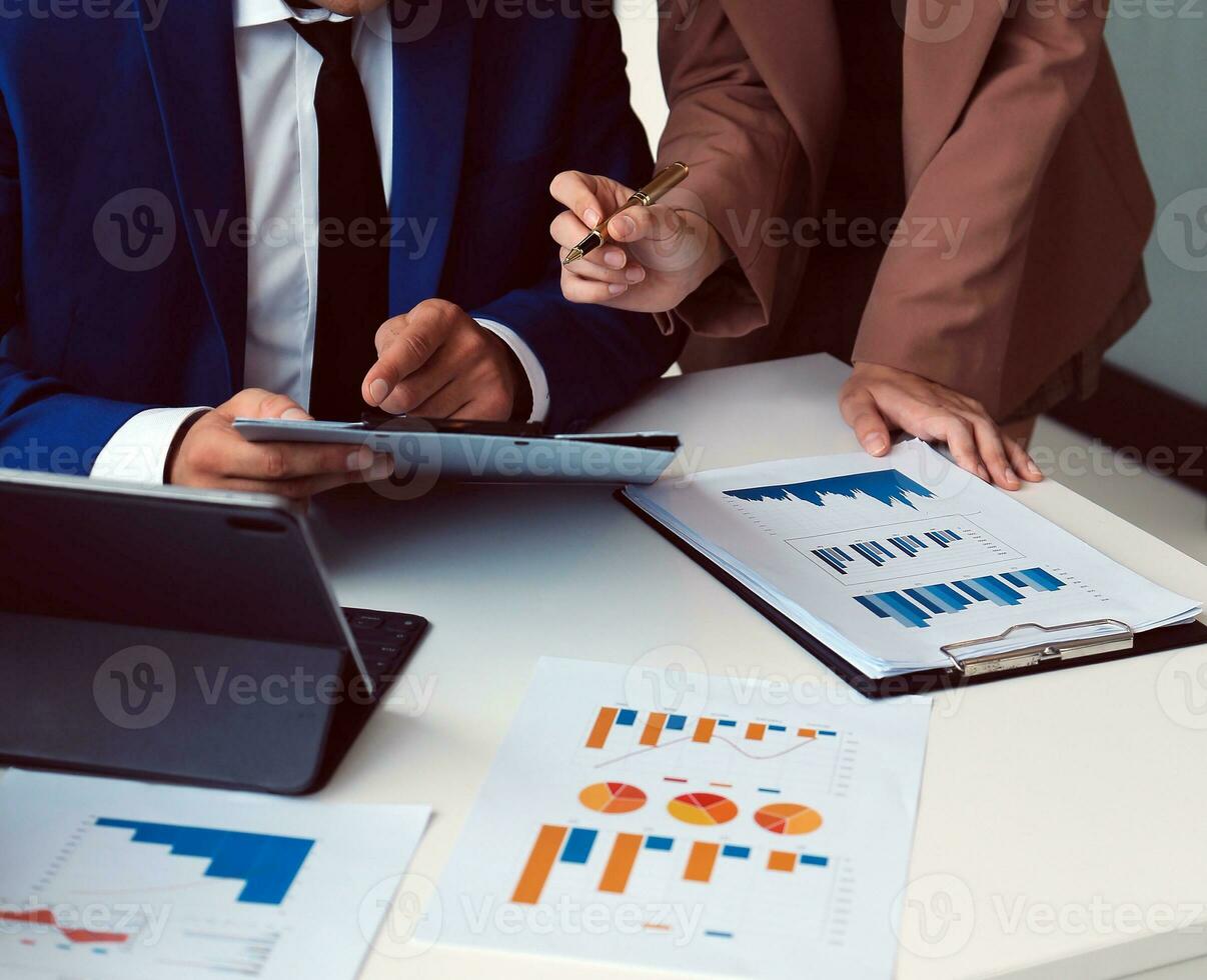 Team of business people working together in the meeting room office, teamwork background charts and graphs banner, double exposure successful teamwork,business planning concept. photo