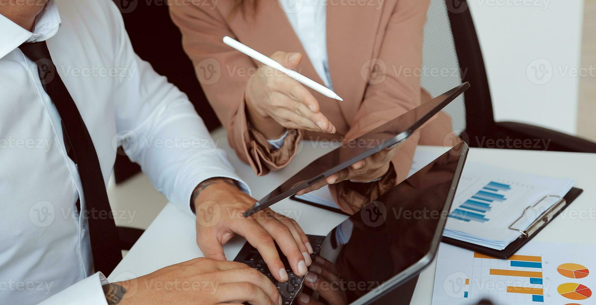 Team of business people working together in the meeting room office, teamwork background charts and graphs banner, double exposure successful teamwork,business planning concept. photo