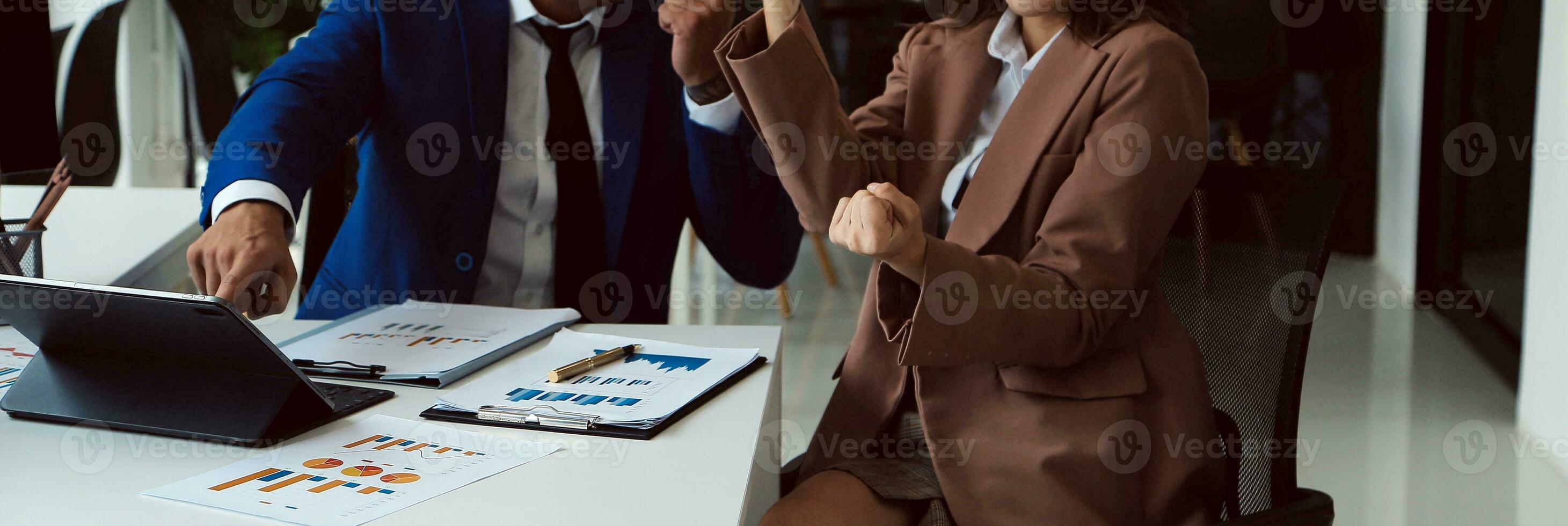Team of business people working together in the meeting room office, teamwork background charts and graphs banner, double exposure successful teamwork,business planning concept. photo
