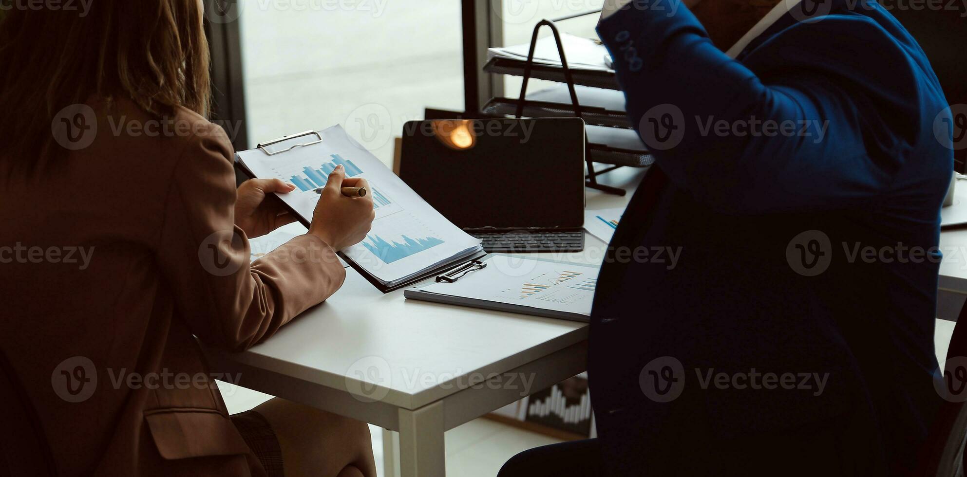 Team of business people working together in the meeting room office, teamwork background charts and graphs banner, double exposure successful teamwork,business planning concept. photo