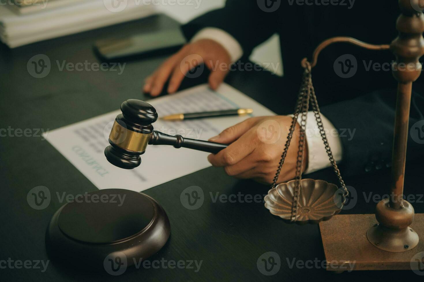 Lawyer, legal advisor, businessman brainstorming information on agreement details Business contracts in legal processing books for accuracy in contract documents. joint financial investment. photo