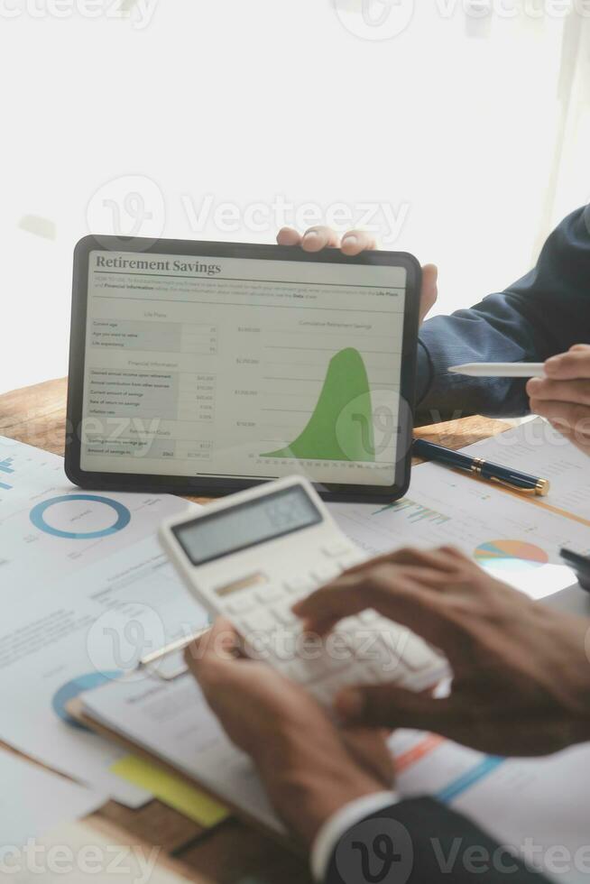 Team of business people working together in the meeting room office, teamwork background charts and graphs banner, double exposure successful teamwork,business planning concept. photo