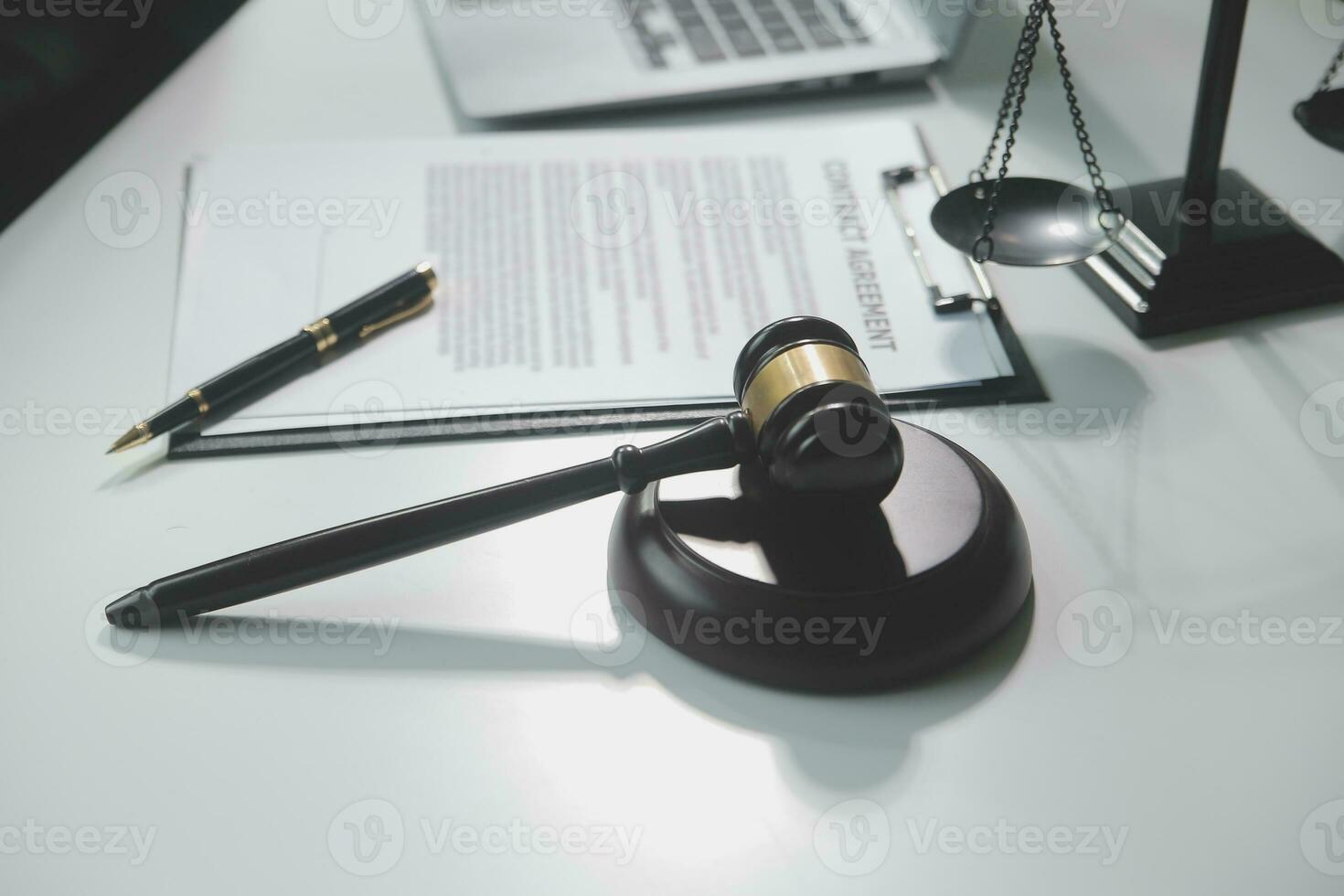 Business and lawyers discussing contract papers with brass scale on desk in office. Law, legal services, advice, justice and law concept picture with film grain effect photo
