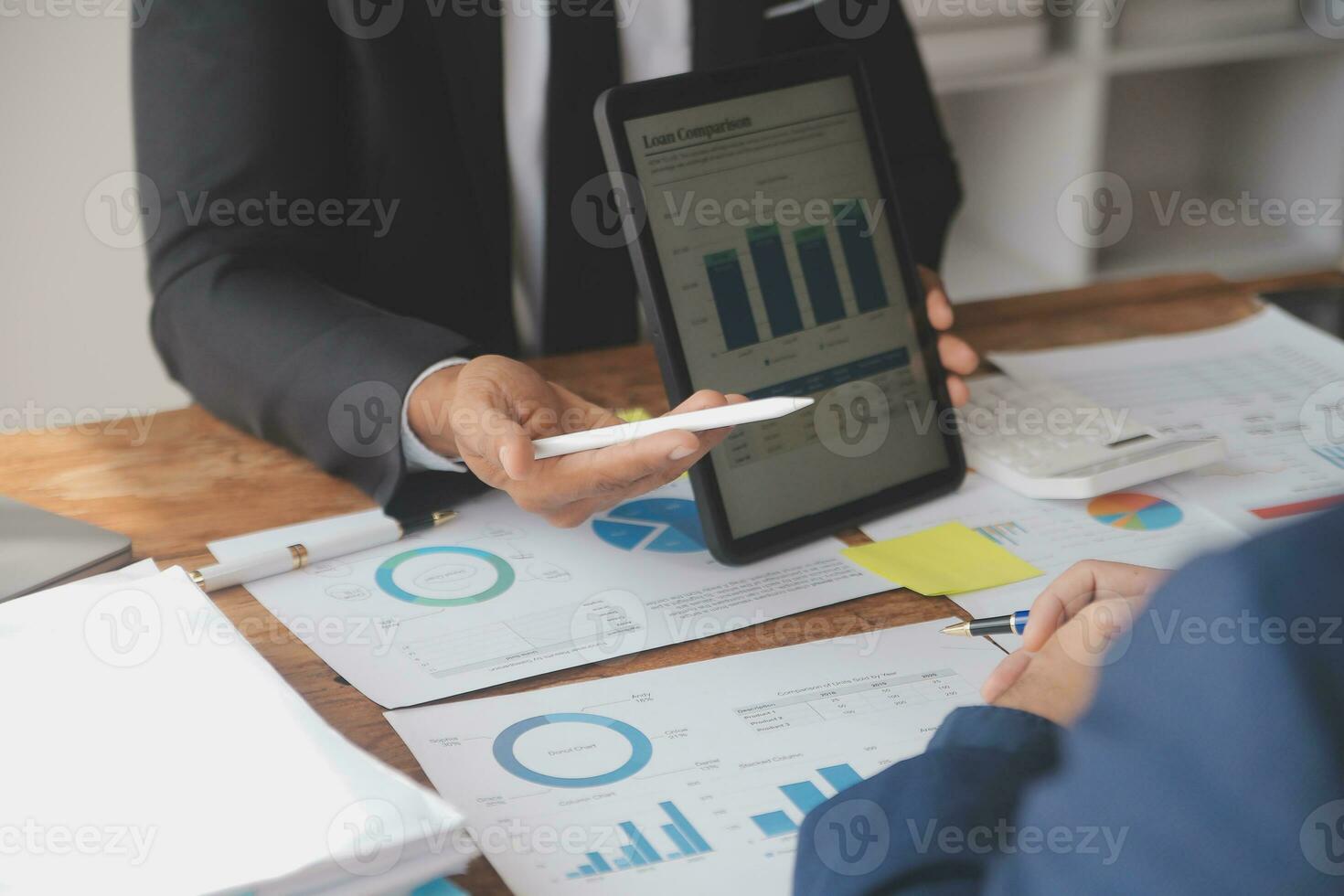 Team of business people working together in the meeting room office, teamwork background charts and graphs banner, double exposure successful teamwork,business planning concept. photo