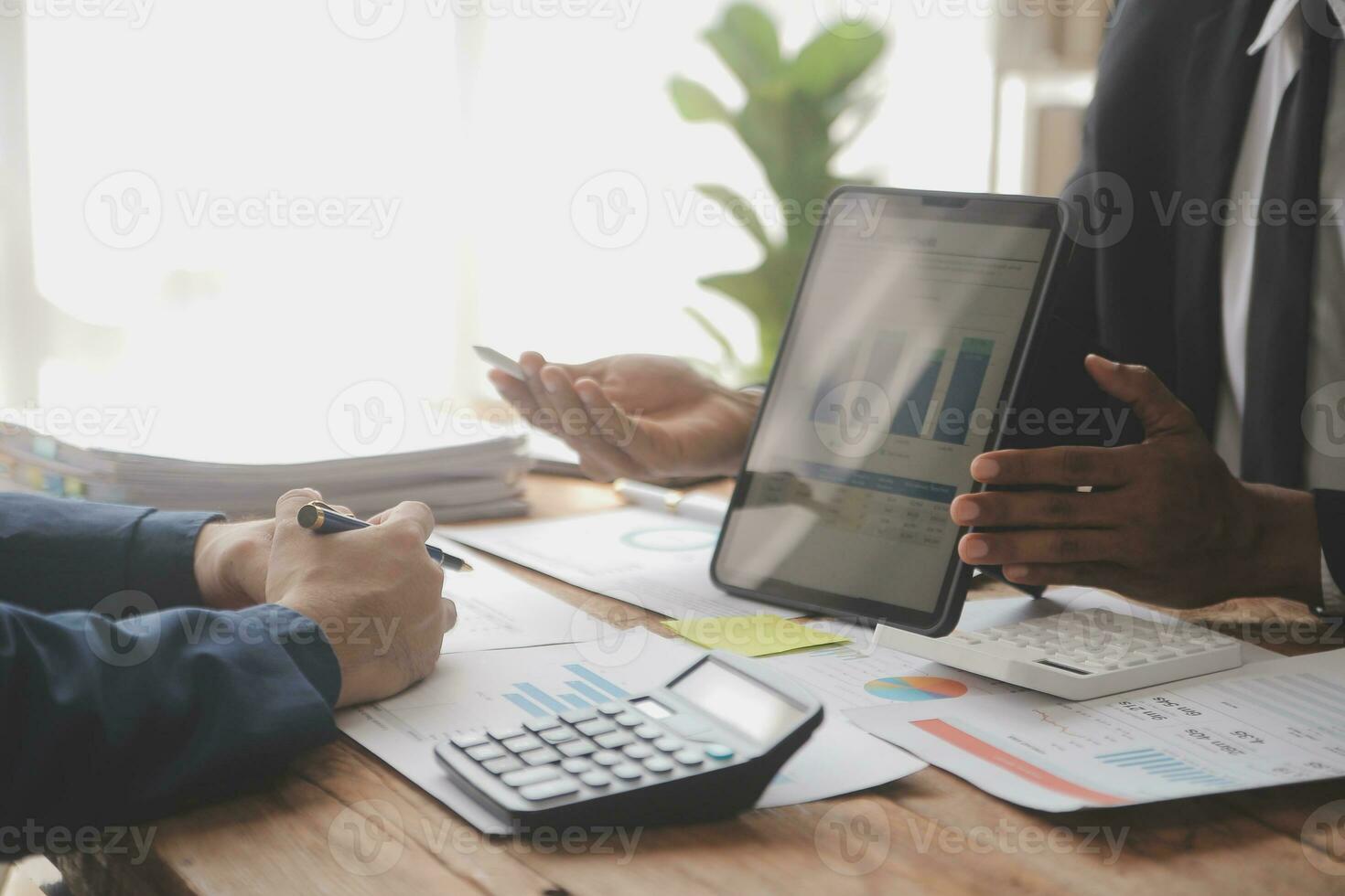 Team of business people working together in the meeting room office, teamwork background charts and graphs banner, double exposure successful teamwork,business planning concept. photo