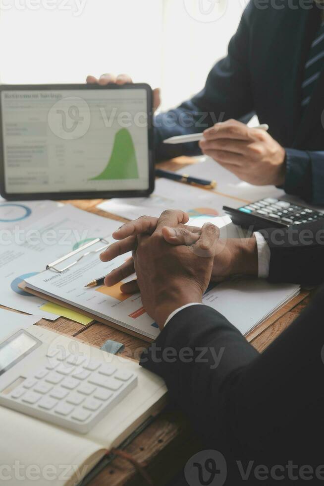 Team of business people working together in the meeting room office, teamwork background charts and graphs banner, double exposure successful teamwork,business planning concept. photo