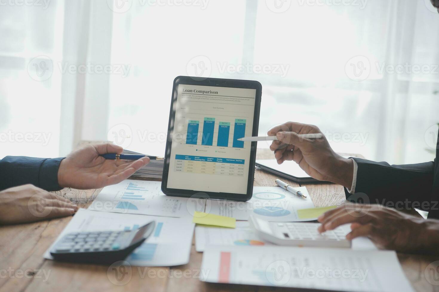 Team of business people working together in the meeting room office, teamwork background charts and graphs banner, double exposure successful teamwork,business planning concept. photo