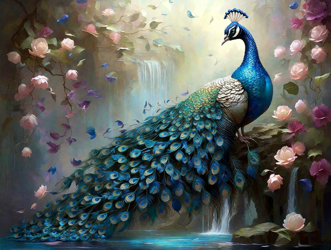 Convey the secrets of a mysterious peacock through the lens, capturing its fantasy-infused aura photo