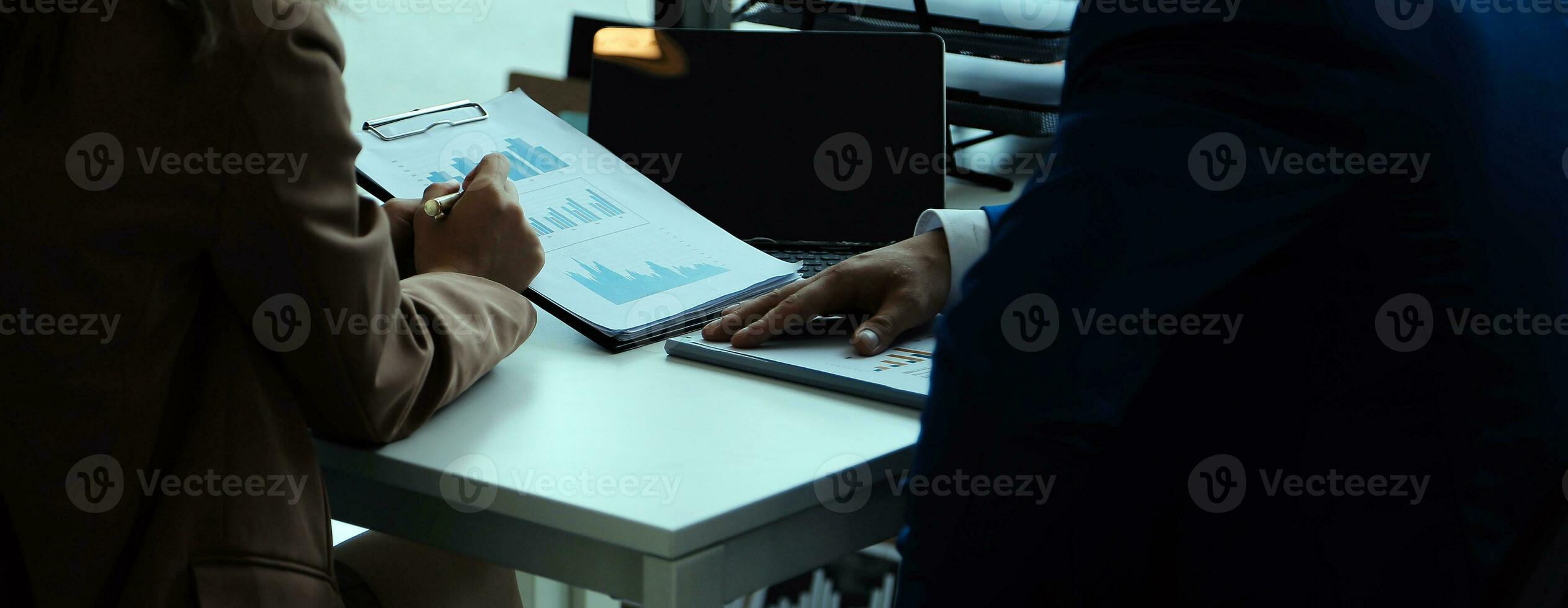 Team of business people working together in the meeting room office, teamwork background charts and graphs banner, double exposure successful teamwork,business planning concept. photo