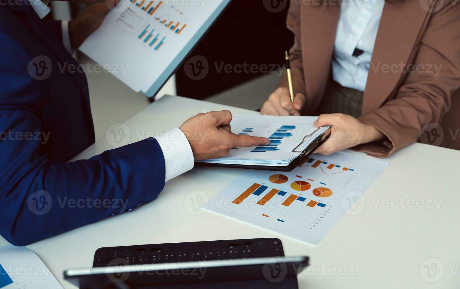 Team of business people working together in the meeting room office, teamwork background charts and graphs banner, double exposure successful teamwork,business planning concept. photo