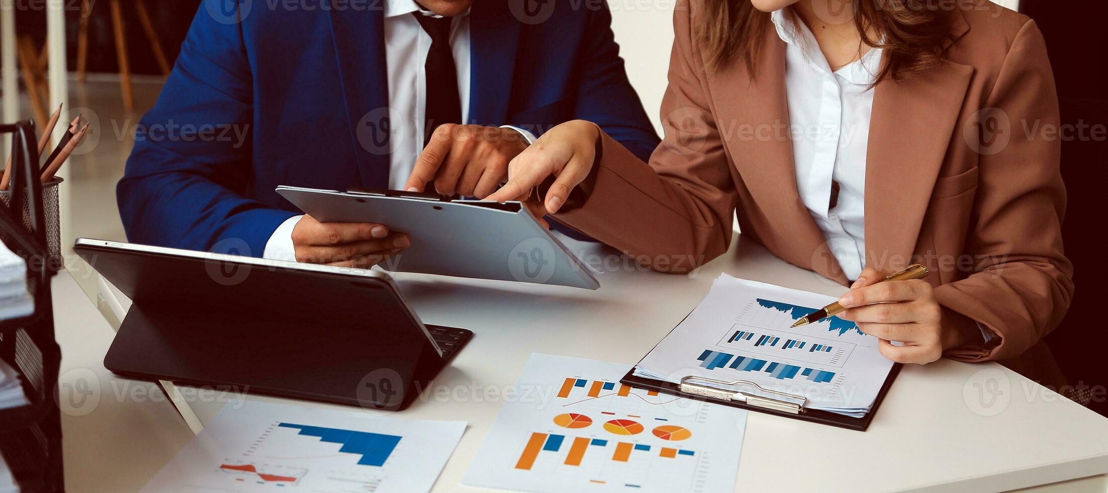 Team of business people working together in the meeting room office, teamwork background charts and graphs banner, double exposure successful teamwork,business planning concept. photo