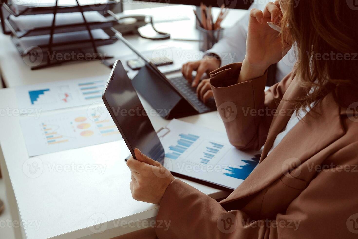 Team of business people working together in the meeting room office, teamwork background charts and graphs banner, double exposure successful teamwork,business planning concept. photo