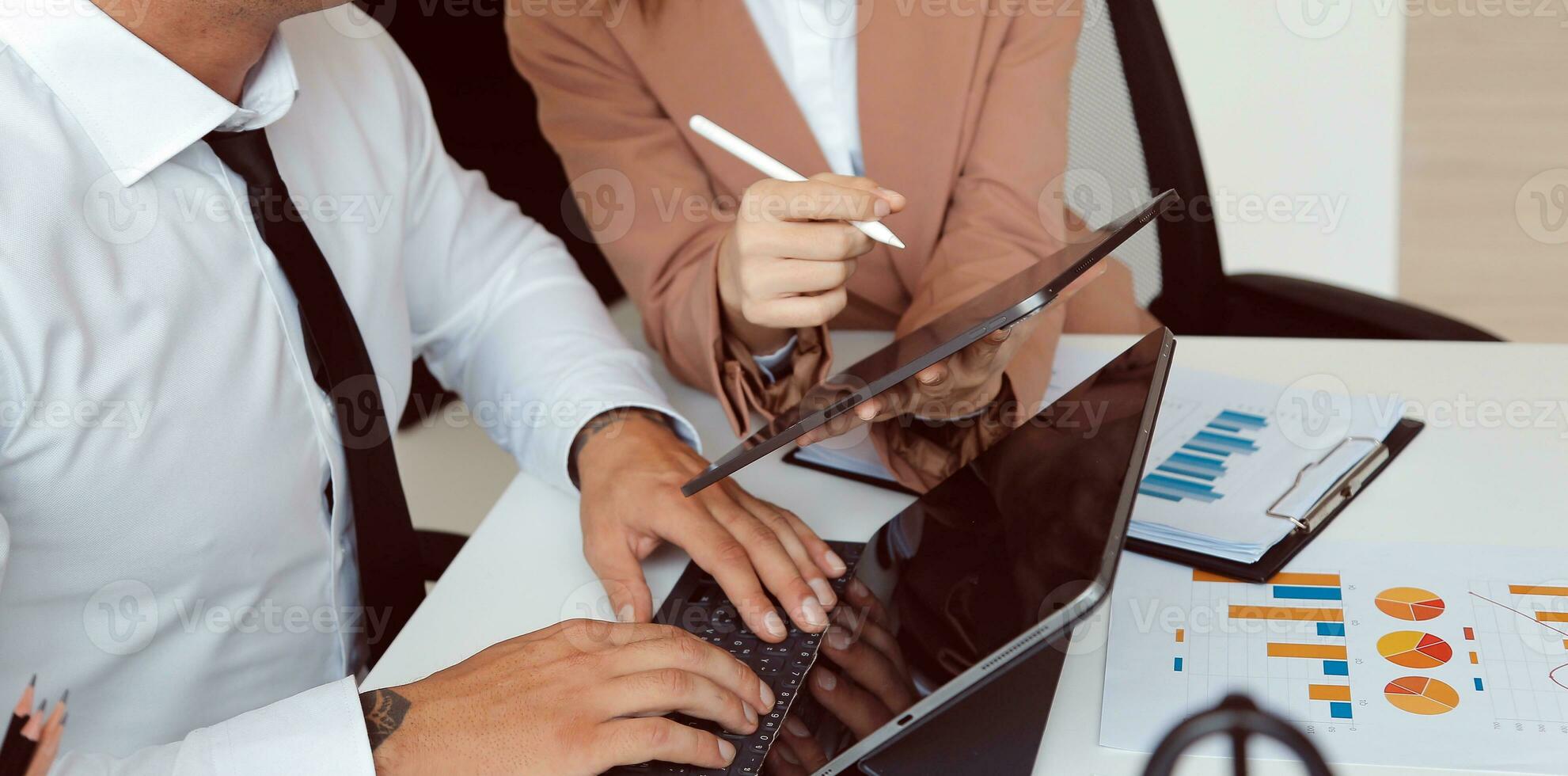 Team of business people working together in the meeting room office, teamwork background charts and graphs banner, double exposure successful teamwork,business planning concept. photo