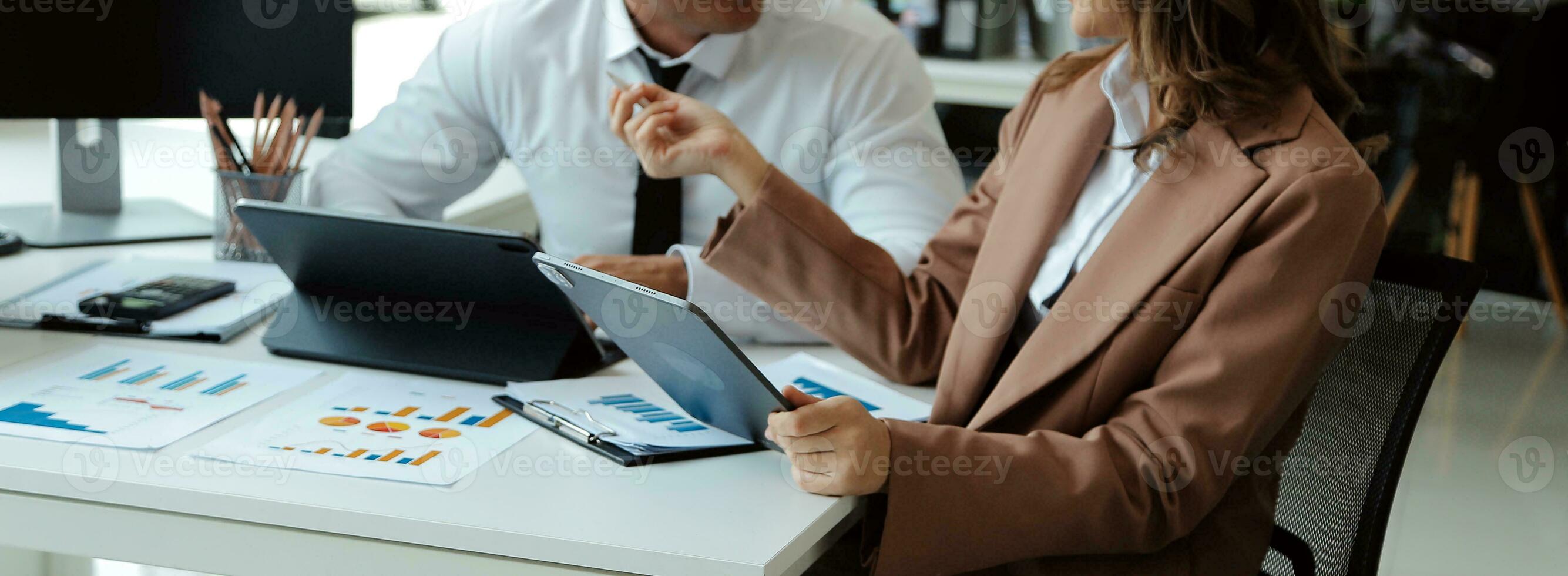 Team of business people working together in the meeting room office, teamwork background charts and graphs banner, double exposure successful teamwork,business planning concept. photo