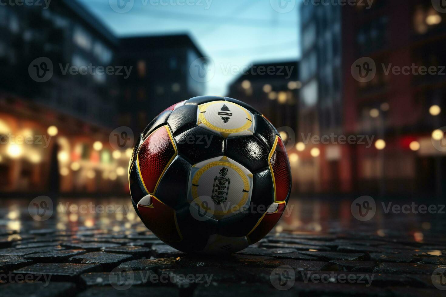 Close-up image of a soccer ball on the asphalt with a blurred background. World Cup concept. Created by artificial intelligence photo