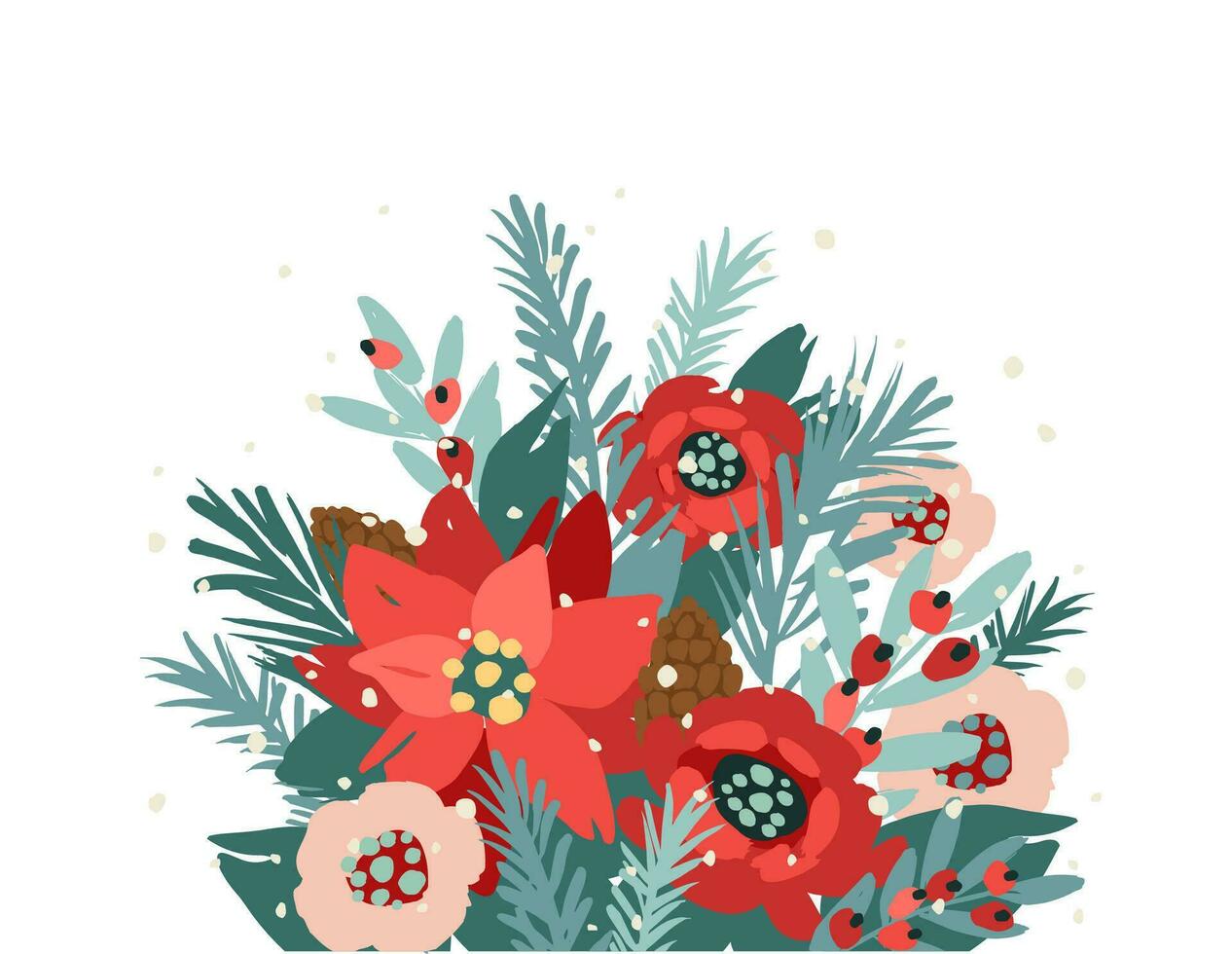 Christmas and Happy New Year isolated illustration with bouquet. Trendy retro style. Vector design template.