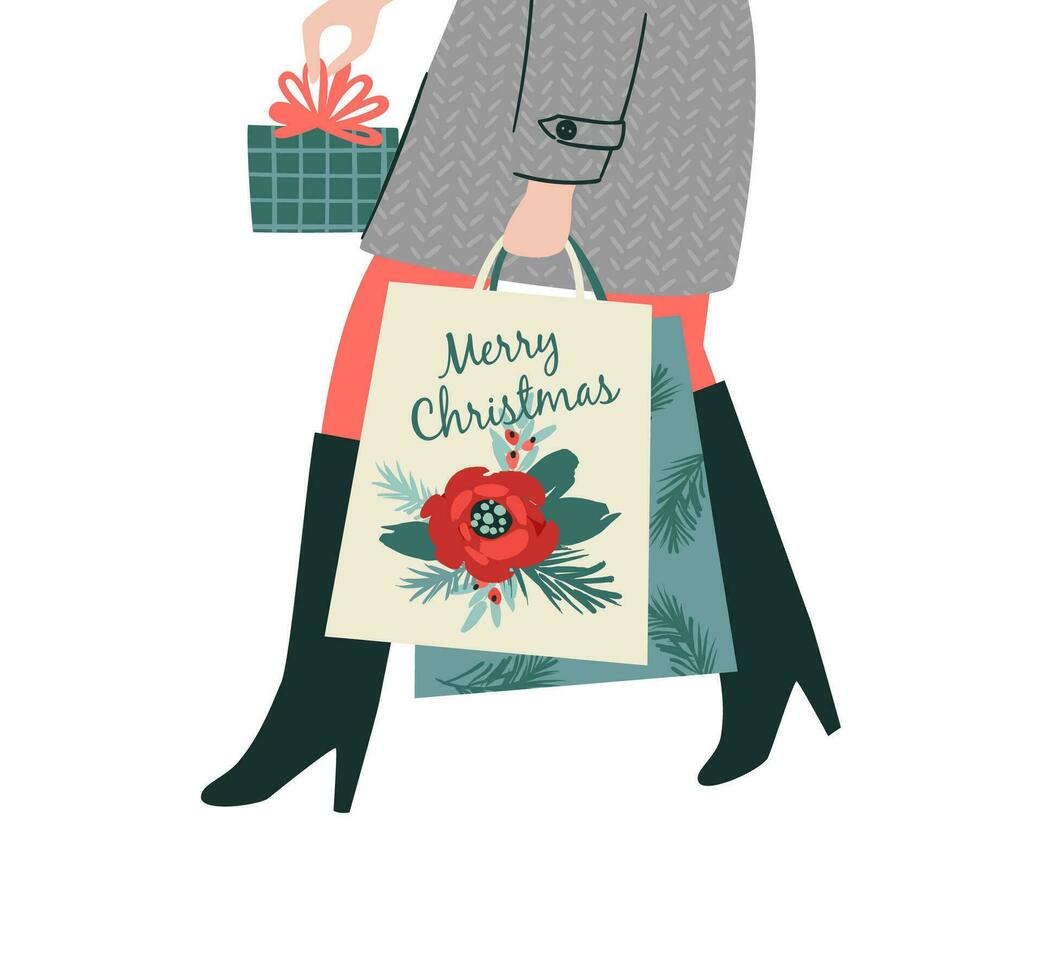 Christmas and Happy New Year isolated illustration. Lady carries gifts. Trendy retro style. Vector design template.