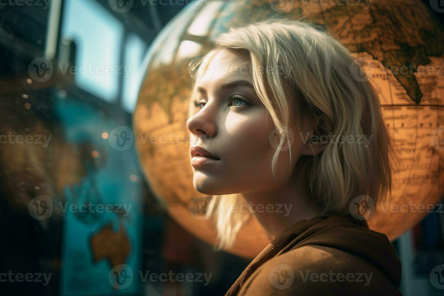 Blonde hair girl tourism portrait global holiday. Generate Ai photo