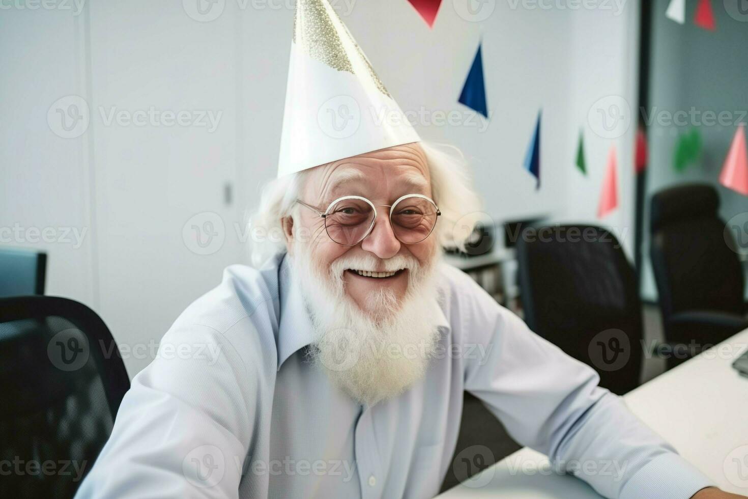 Business senior man having fun smiling at office party. Generate Ai photo