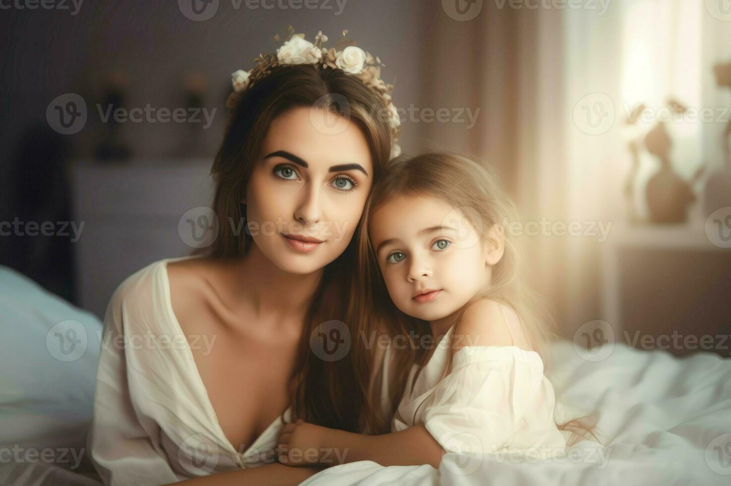 Beautiful young mother with her daughter morning portrait. Generate Ai photo