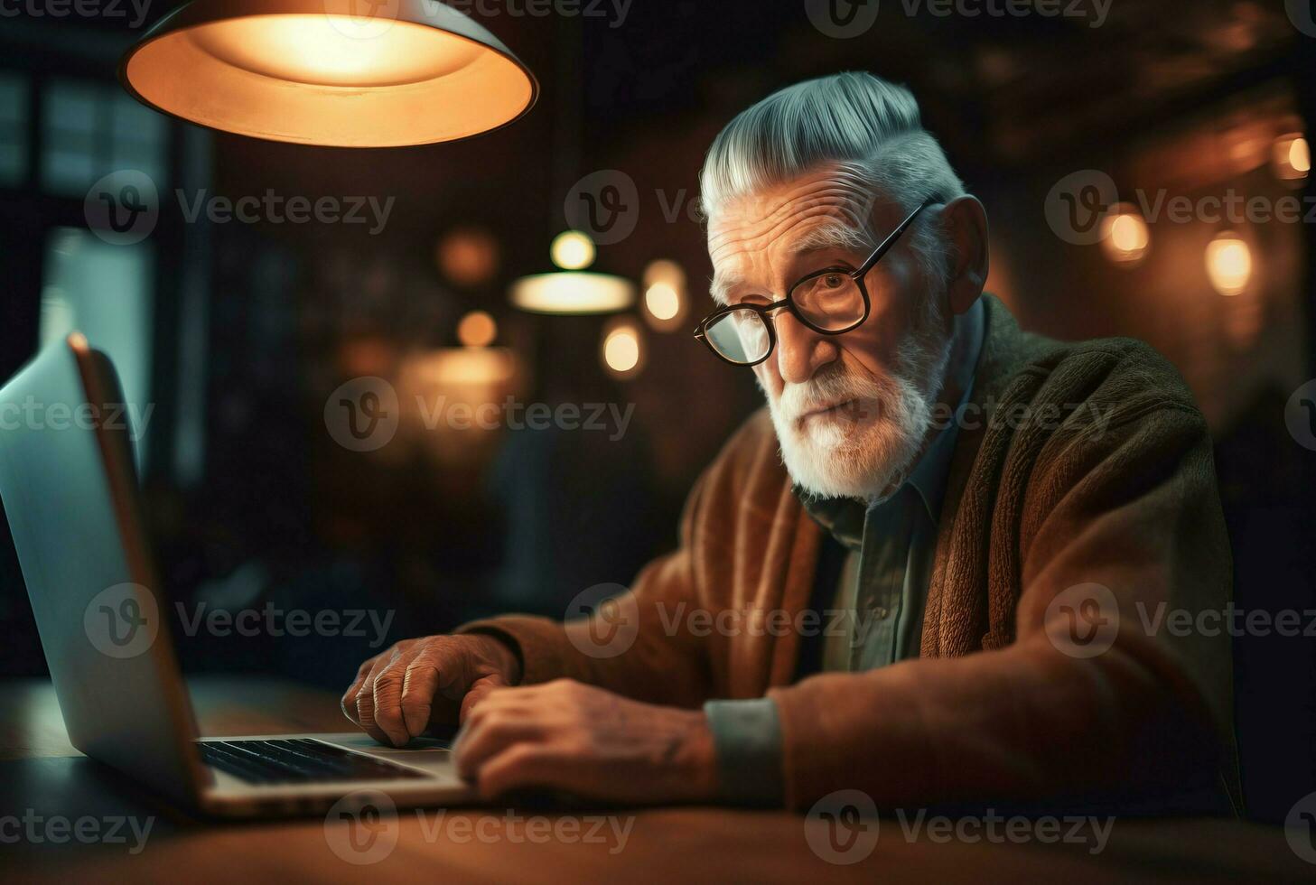 Senior man working laptop focused. Generate Ai photo