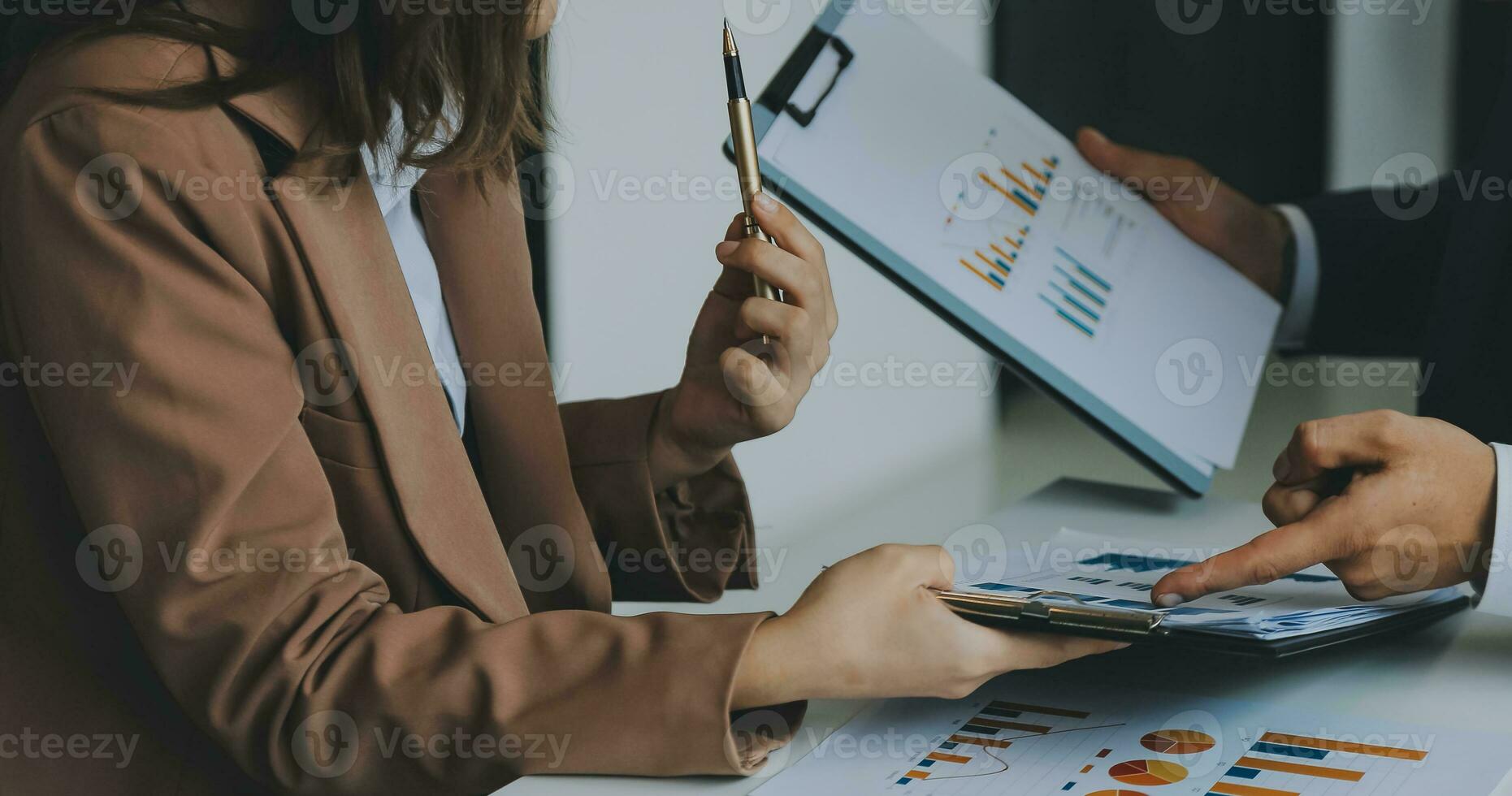 Team of business people working together in the meeting room office, teamwork background charts and graphs banner, double exposure successful teamwork,business planning concept. photo