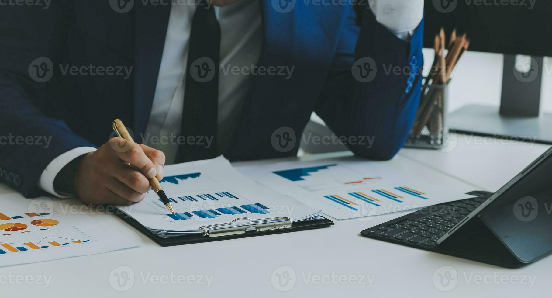 Team of business people working together in the meeting room office, teamwork background charts and graphs banner, double exposure successful teamwork,business planning concept. photo