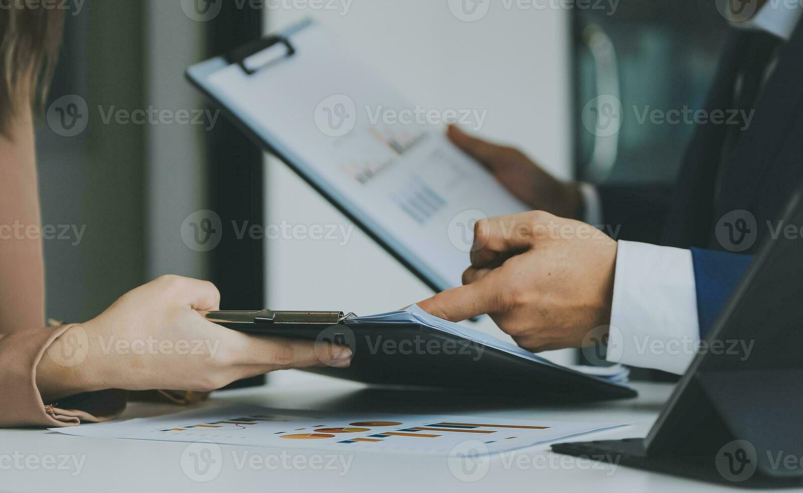 Team of business people working together in the meeting room office, teamwork background charts and graphs banner, double exposure successful teamwork,business planning concept. photo