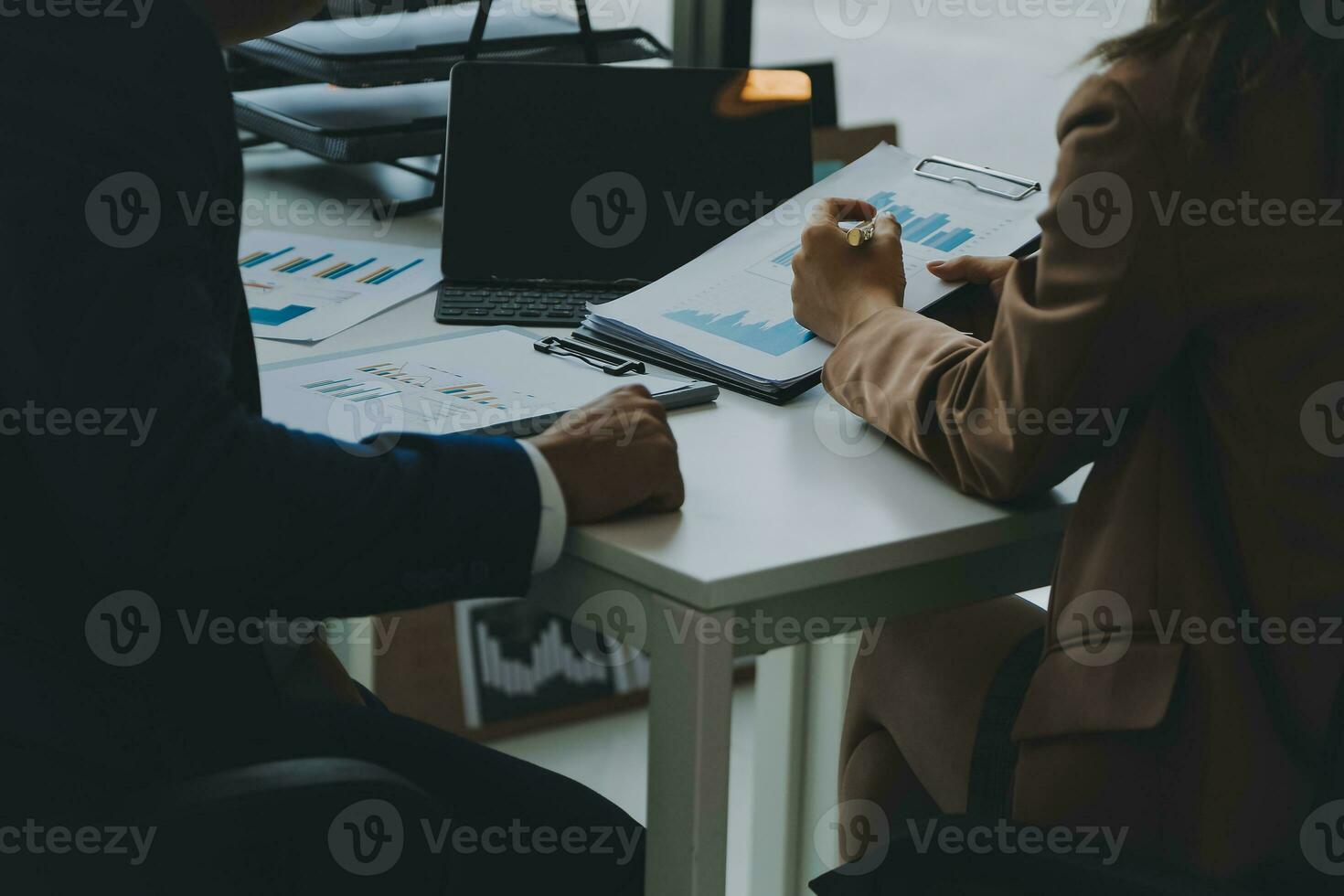 Team of business people working together in the meeting room office, teamwork background charts and graphs banner, double exposure successful teamwork,business planning concept. photo