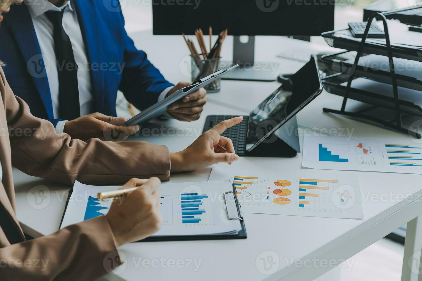 Team of business people working together in the meeting room office, teamwork background charts and graphs banner, double exposure successful teamwork,business planning concept. photo