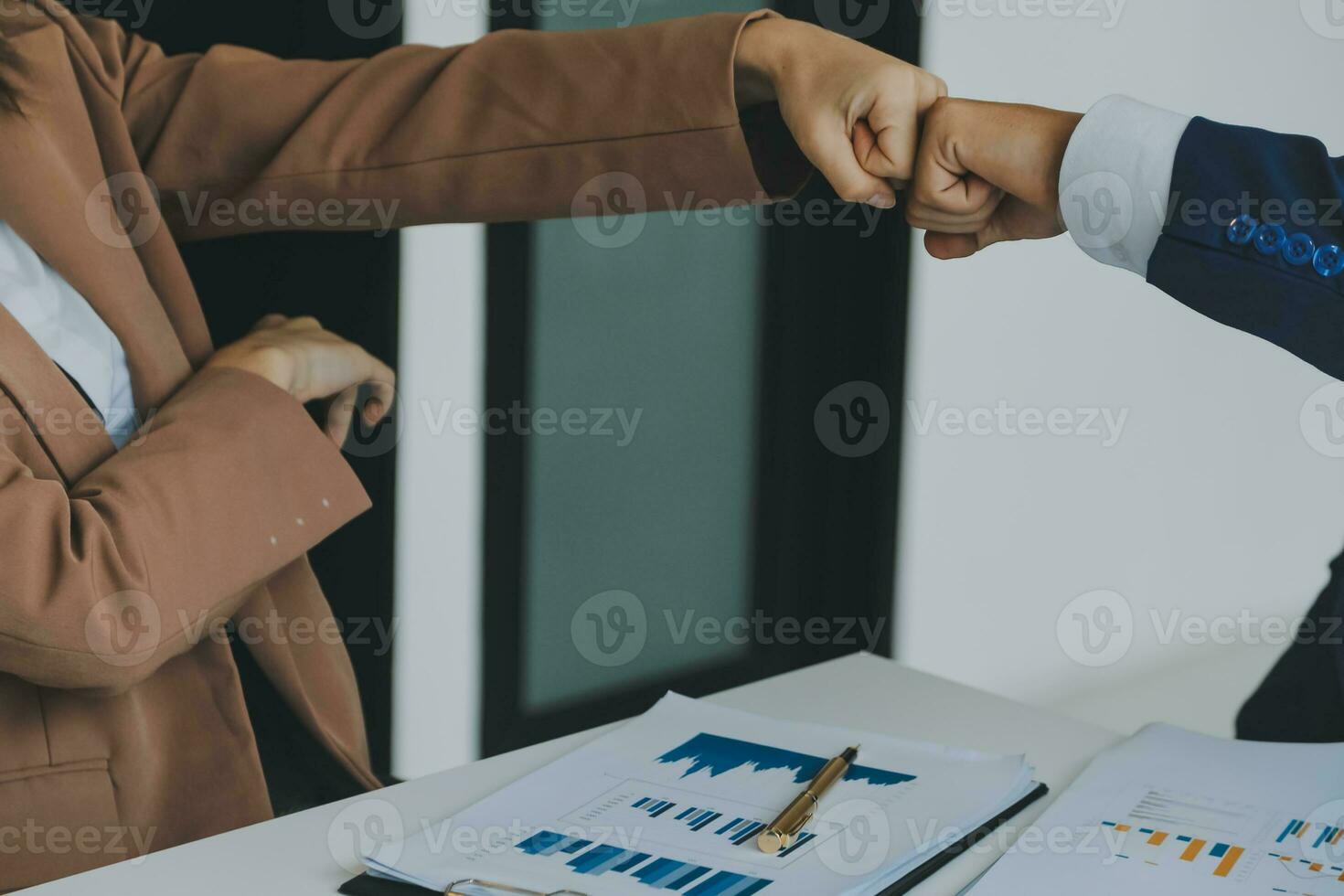 Team of business people working together in the meeting room office, teamwork background charts and graphs banner, double exposure successful teamwork,business planning concept. photo