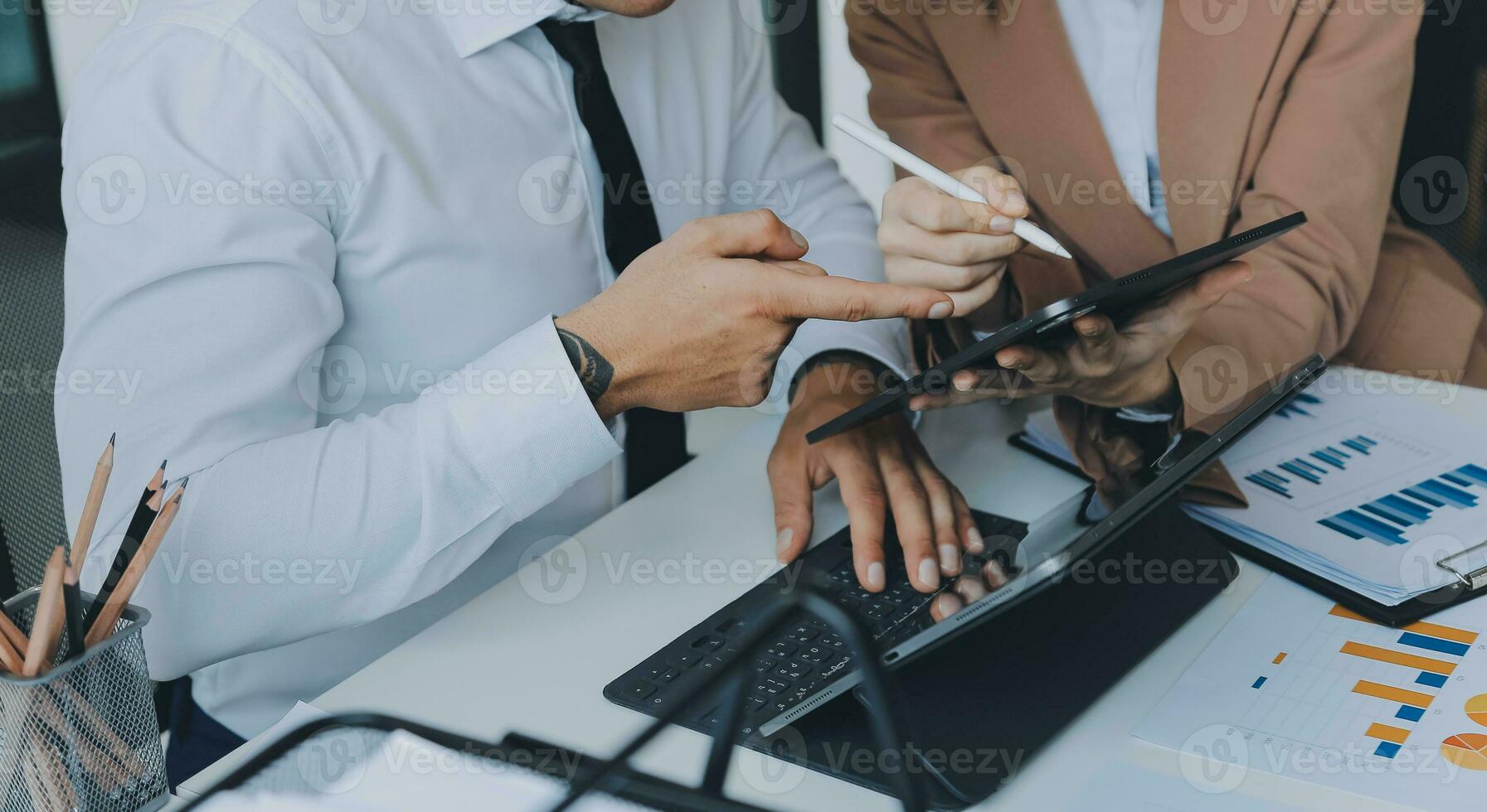 Team of business people working together in the meeting room office, teamwork background charts and graphs banner, double exposure successful teamwork,business planning concept. photo