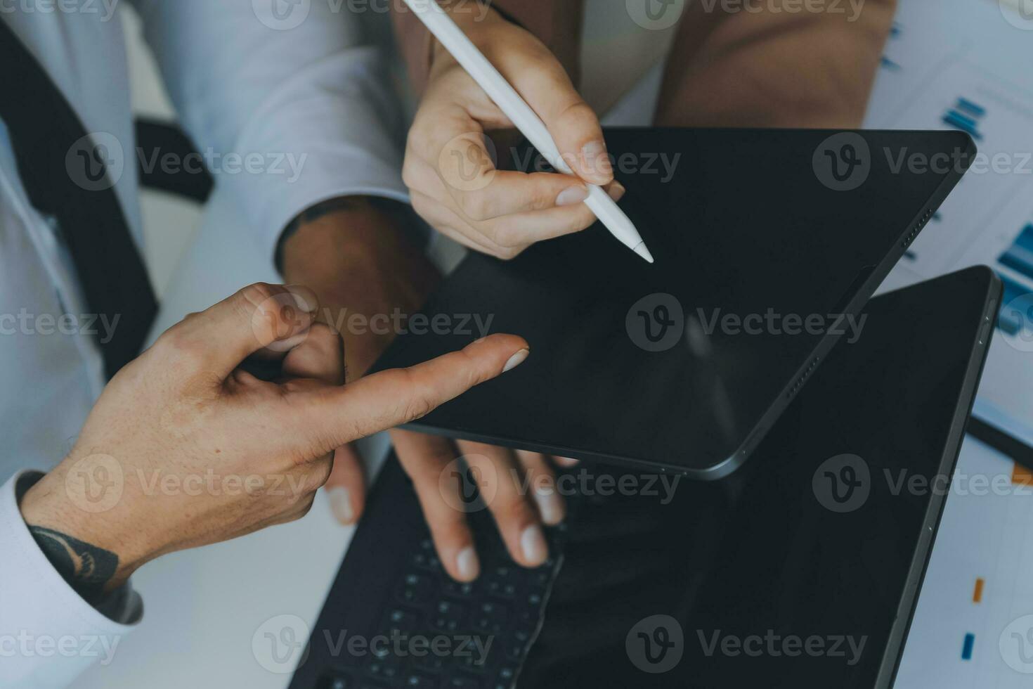 Team of business people working together in the meeting room office, teamwork background charts and graphs banner, double exposure successful teamwork,business planning concept. photo
