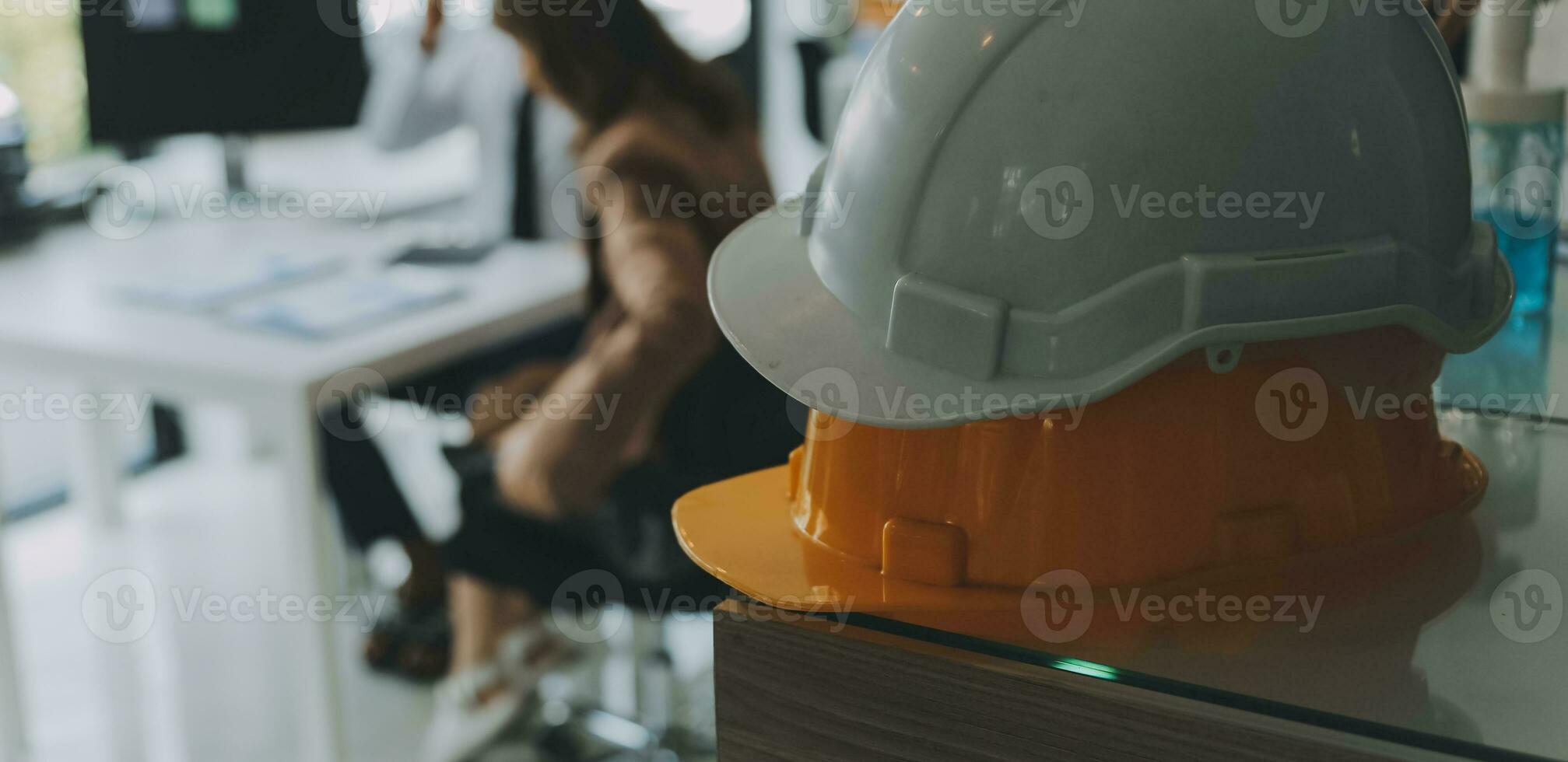 Construction and structure concept of Engineer or architect meeting for project working with partner and engineering tools on model building and blueprint in working site, contract for both companies. photo