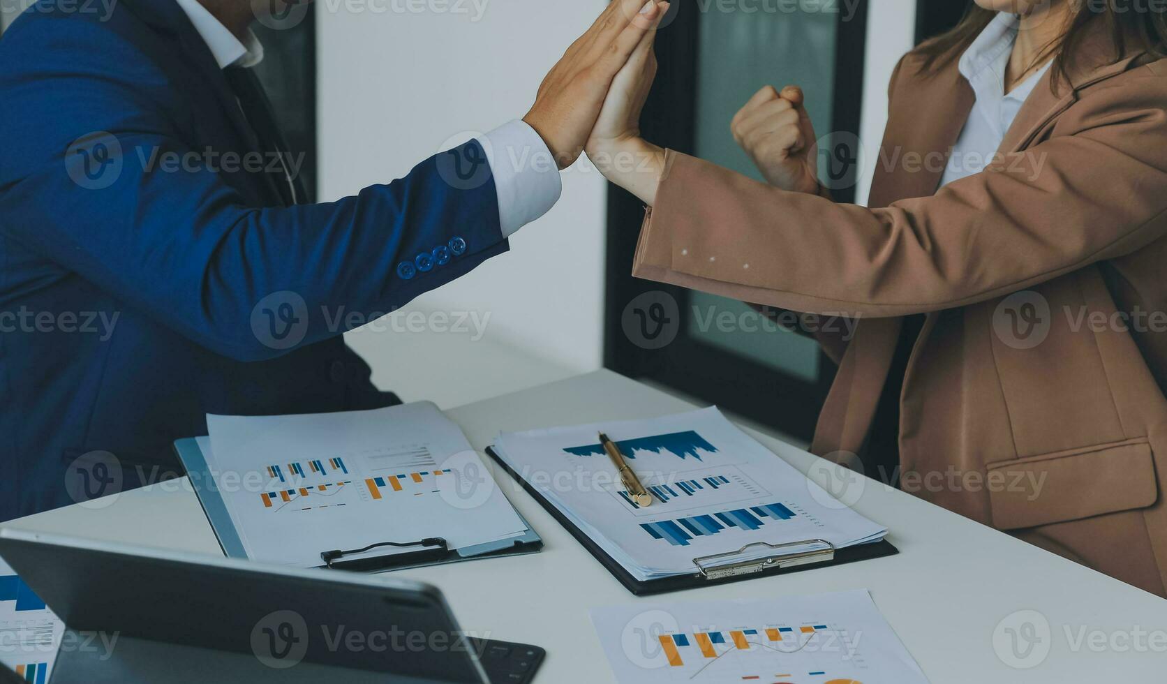 Team of business people working together in the meeting room office, teamwork background charts and graphs banner, double exposure successful teamwork,business planning concept. photo