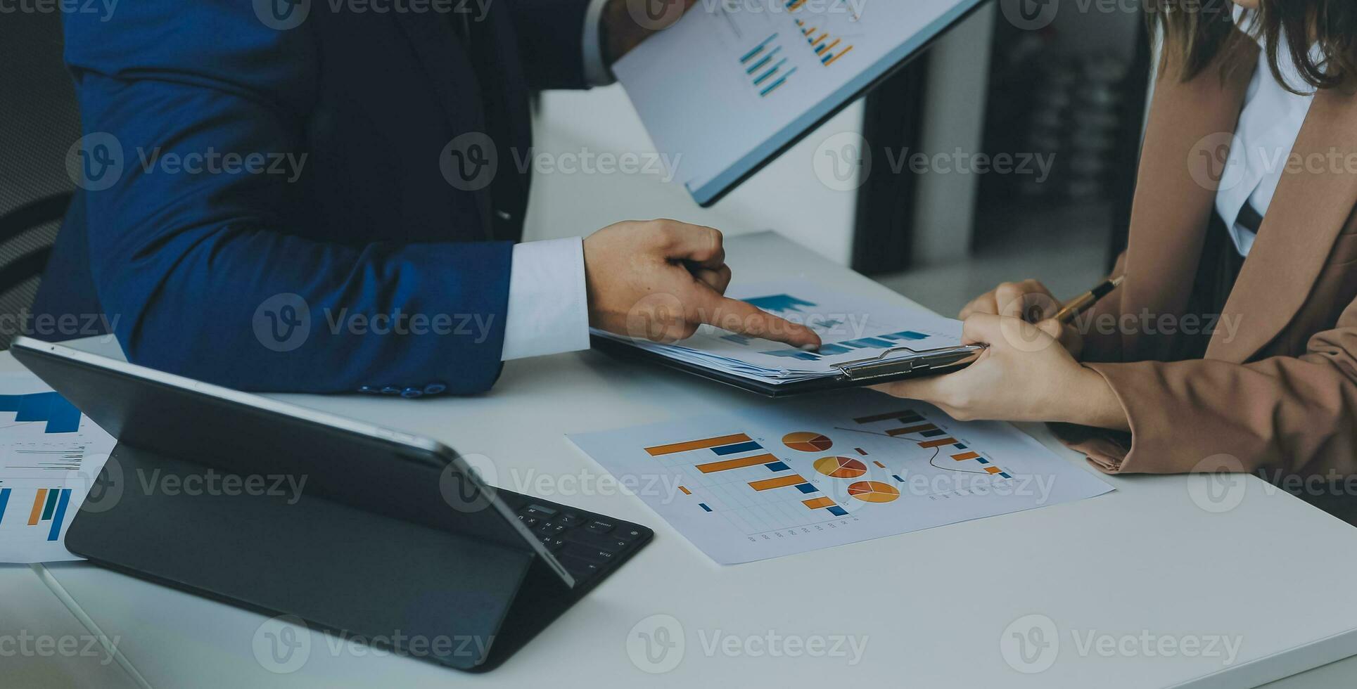 Team of business people working together in the meeting room office, teamwork background charts and graphs banner, double exposure successful teamwork,business planning concept. photo