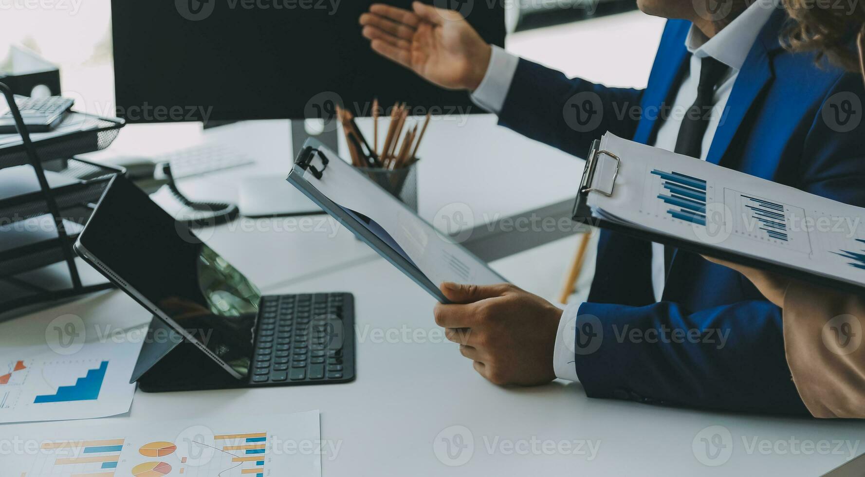 Team of business people working together in the meeting room office, teamwork background charts and graphs banner, double exposure successful teamwork,business planning concept. photo