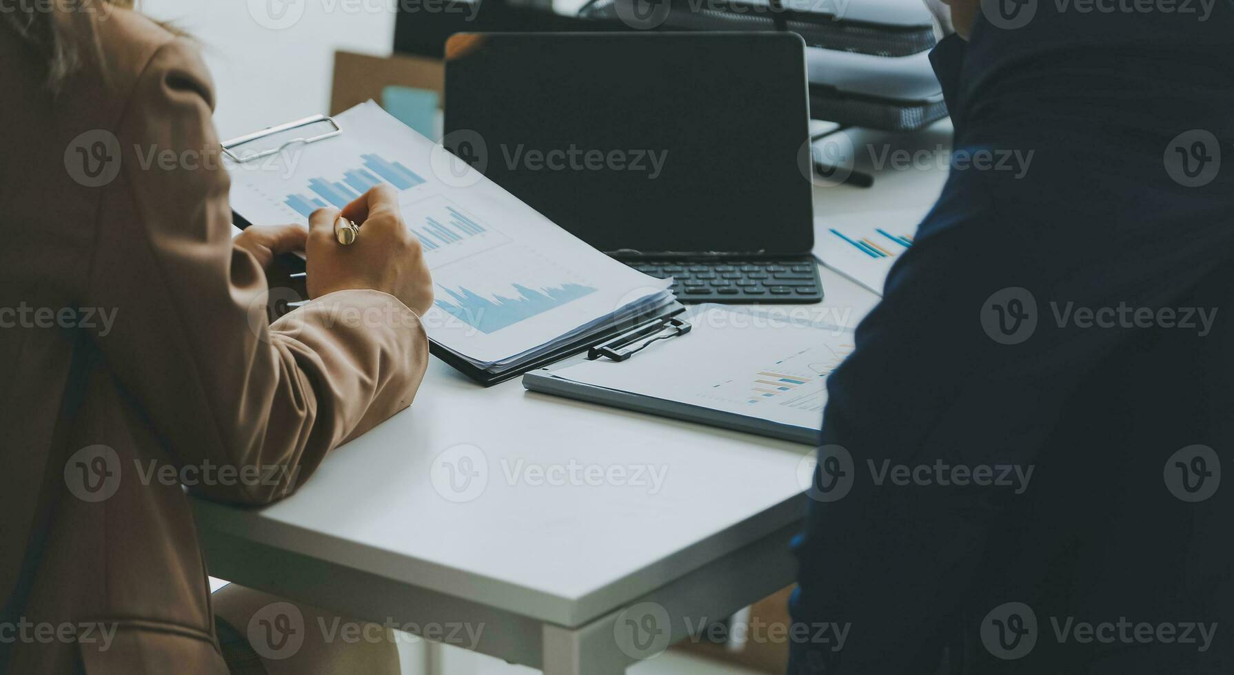 Team of business people working together in the meeting room office, teamwork background charts and graphs banner, double exposure successful teamwork,business planning concept. photo