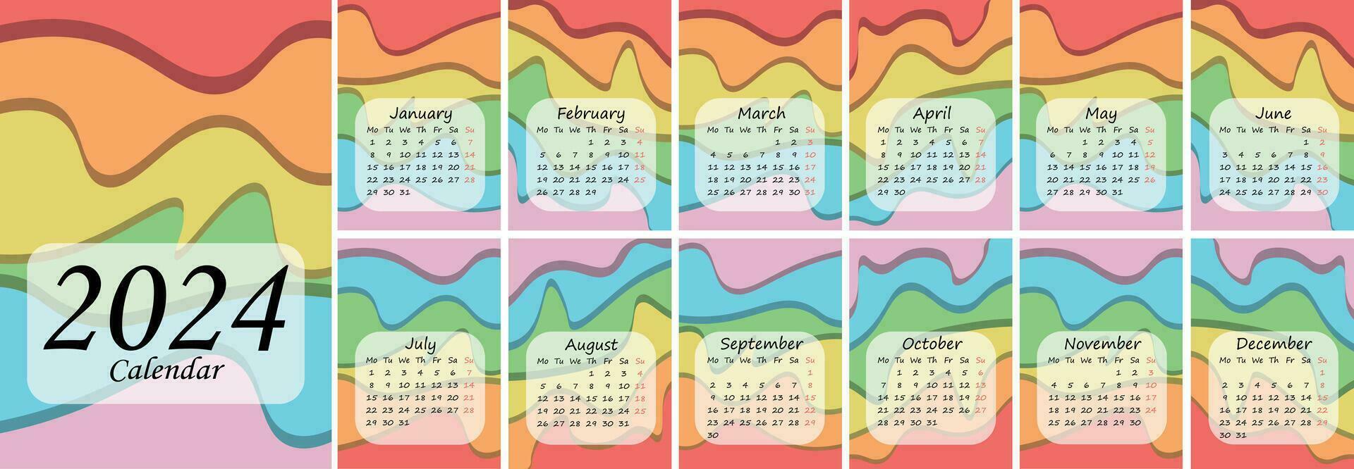 Calendar for 2024 with rainbow abstract background vector