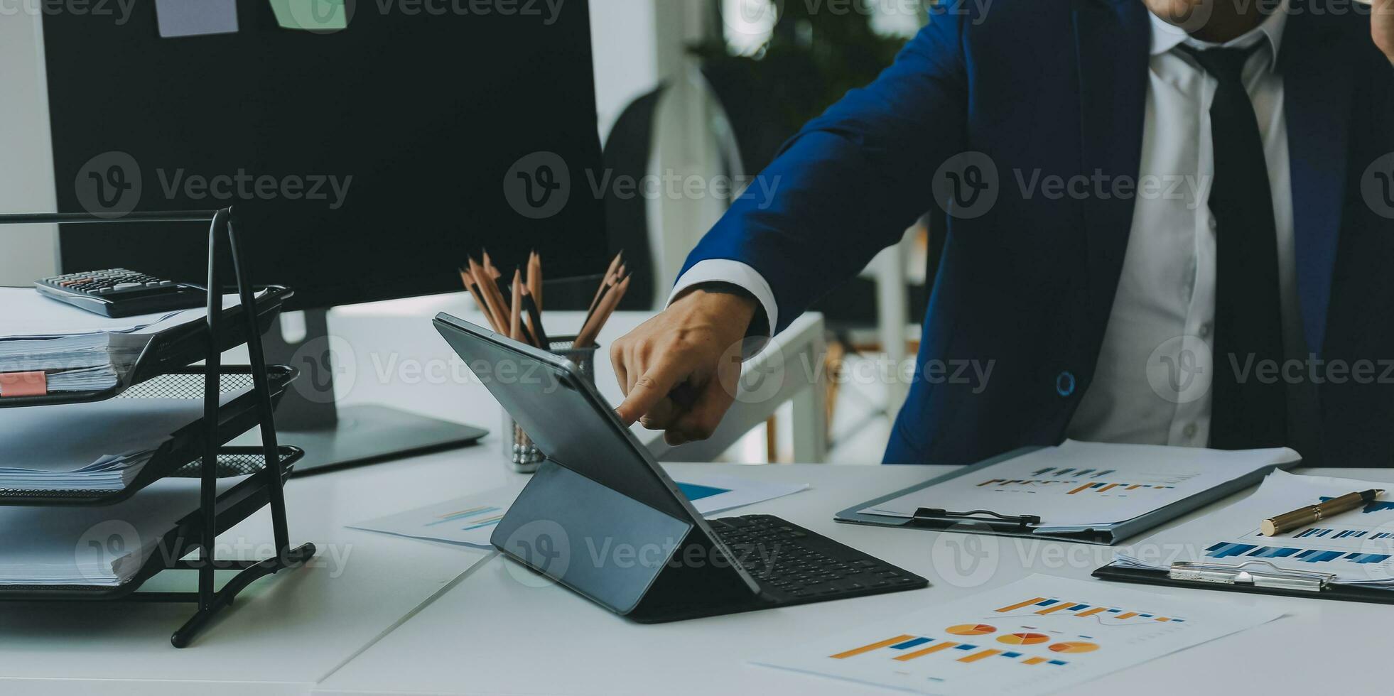 Team of business people working together in the meeting room office, teamwork background charts and graphs banner, double exposure successful teamwork,business planning concept. photo
