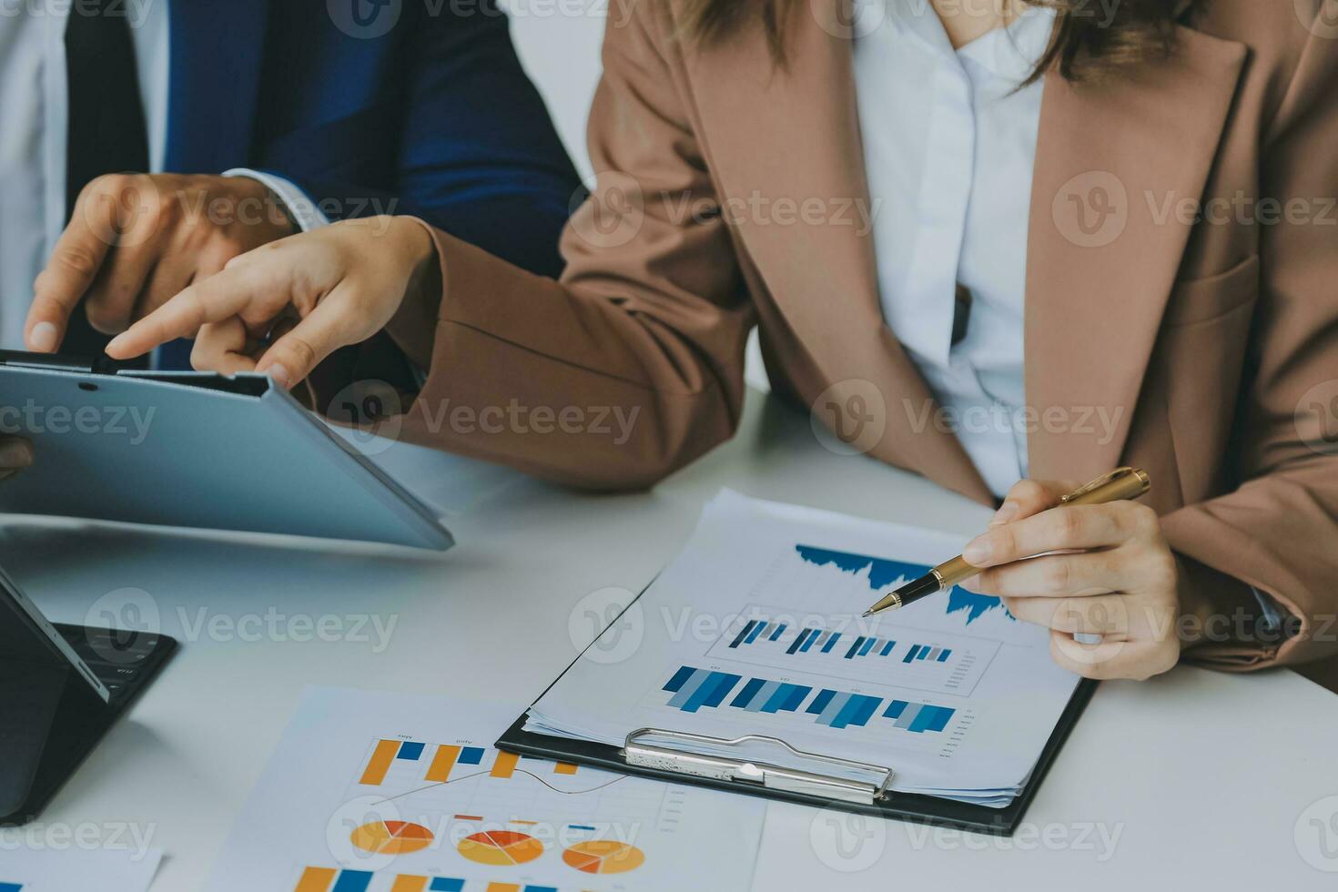 Team of business people working together in the meeting room office, teamwork background charts and graphs banner, double exposure successful teamwork,business planning concept. photo