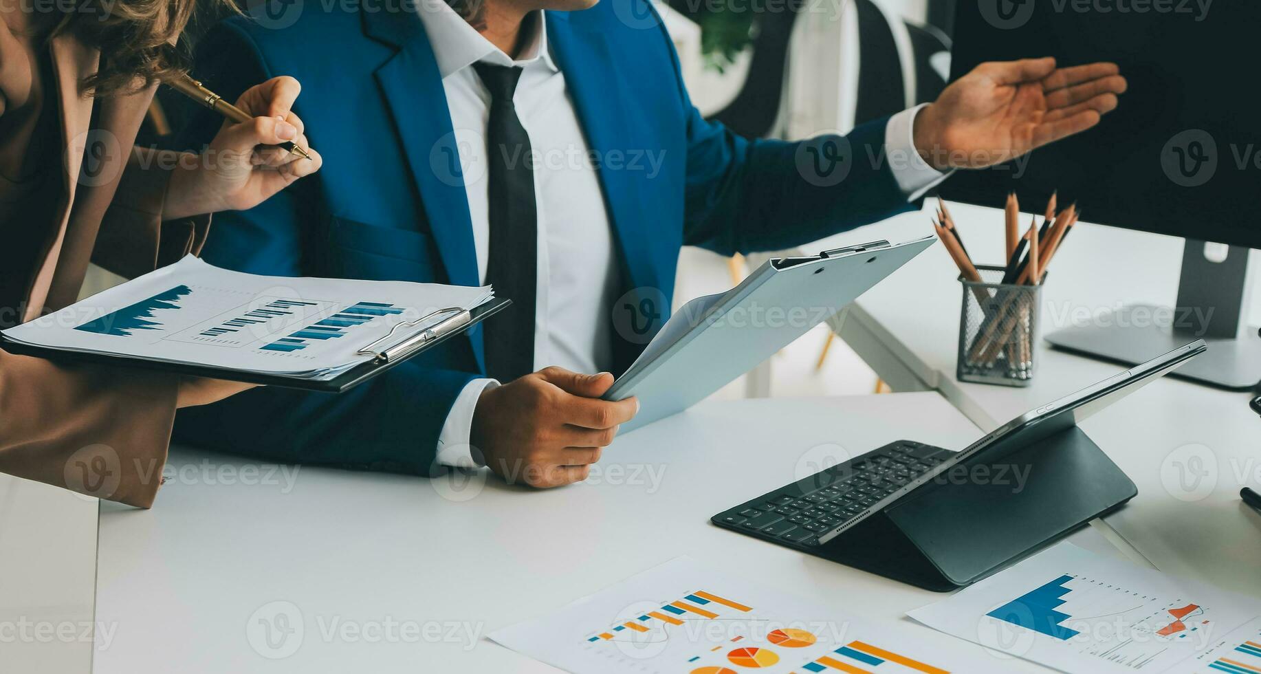 Team of business people working together in the meeting room office, teamwork background charts and graphs banner, double exposure successful teamwork,business planning concept. photo