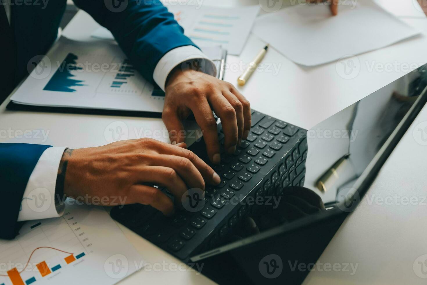 Team of business people working together in the meeting room office, teamwork background charts and graphs banner, double exposure successful teamwork,business planning concept. photo