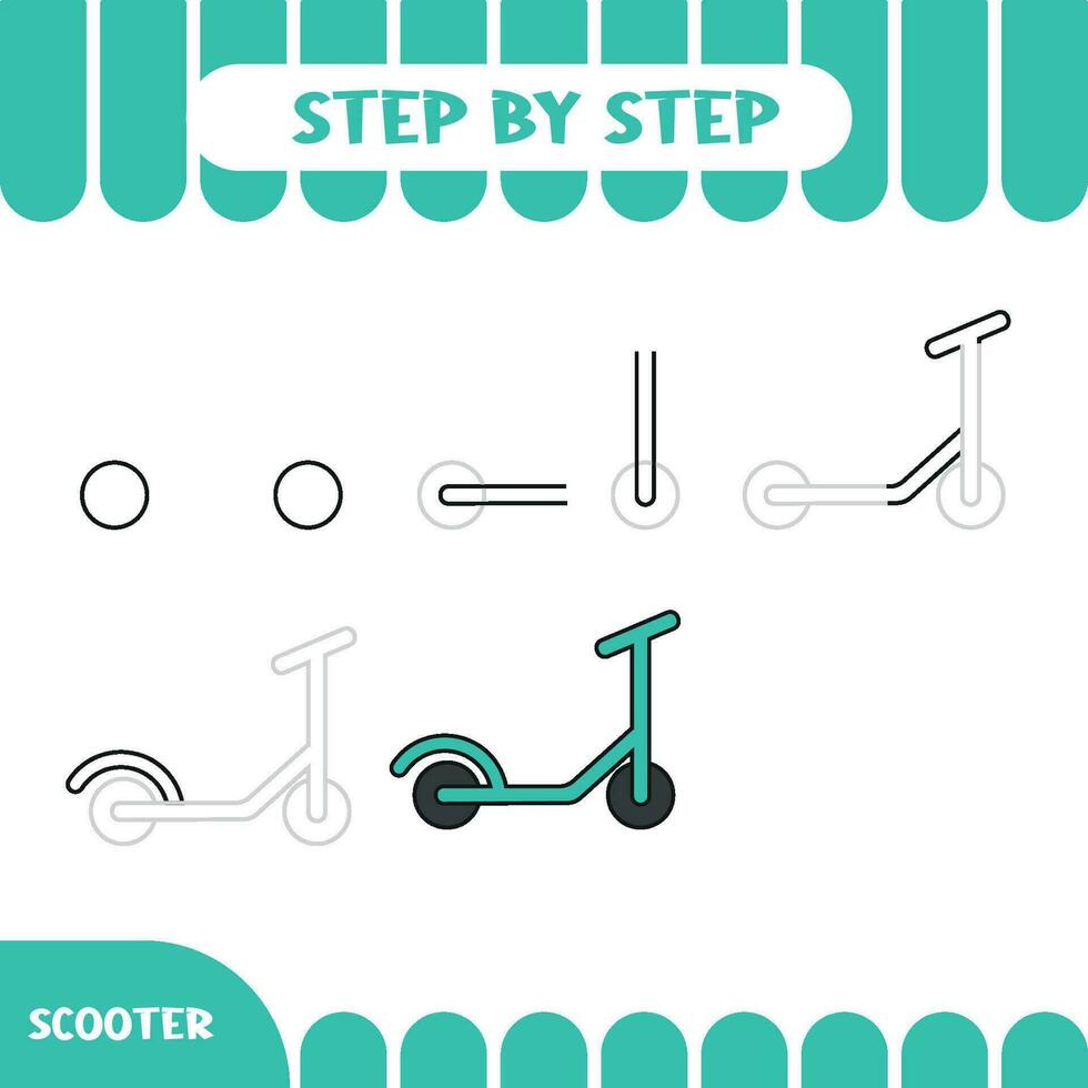 Step by step Drawing tutorial for kids. Easy level. Education sheets. How to draw scooter vector