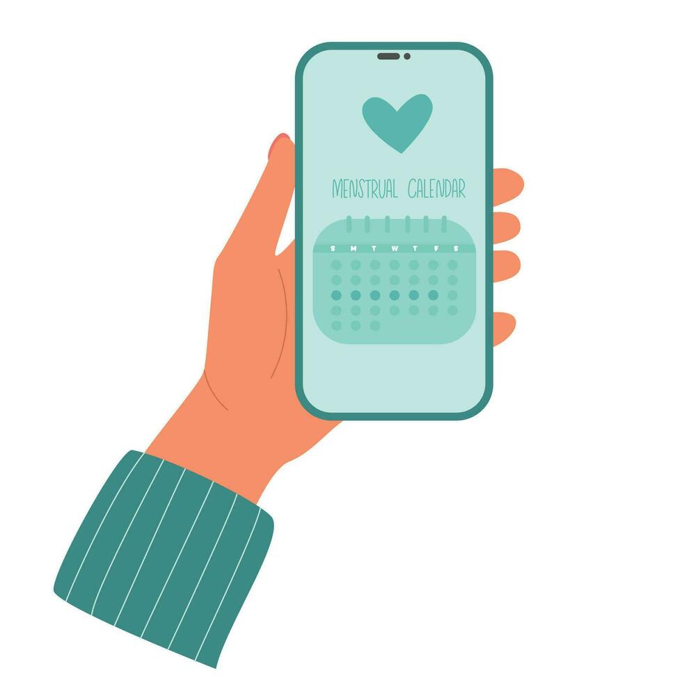 Women's health care app. Girl holds phone with a menstruation calendar app. Period ovulation days tracker. vector